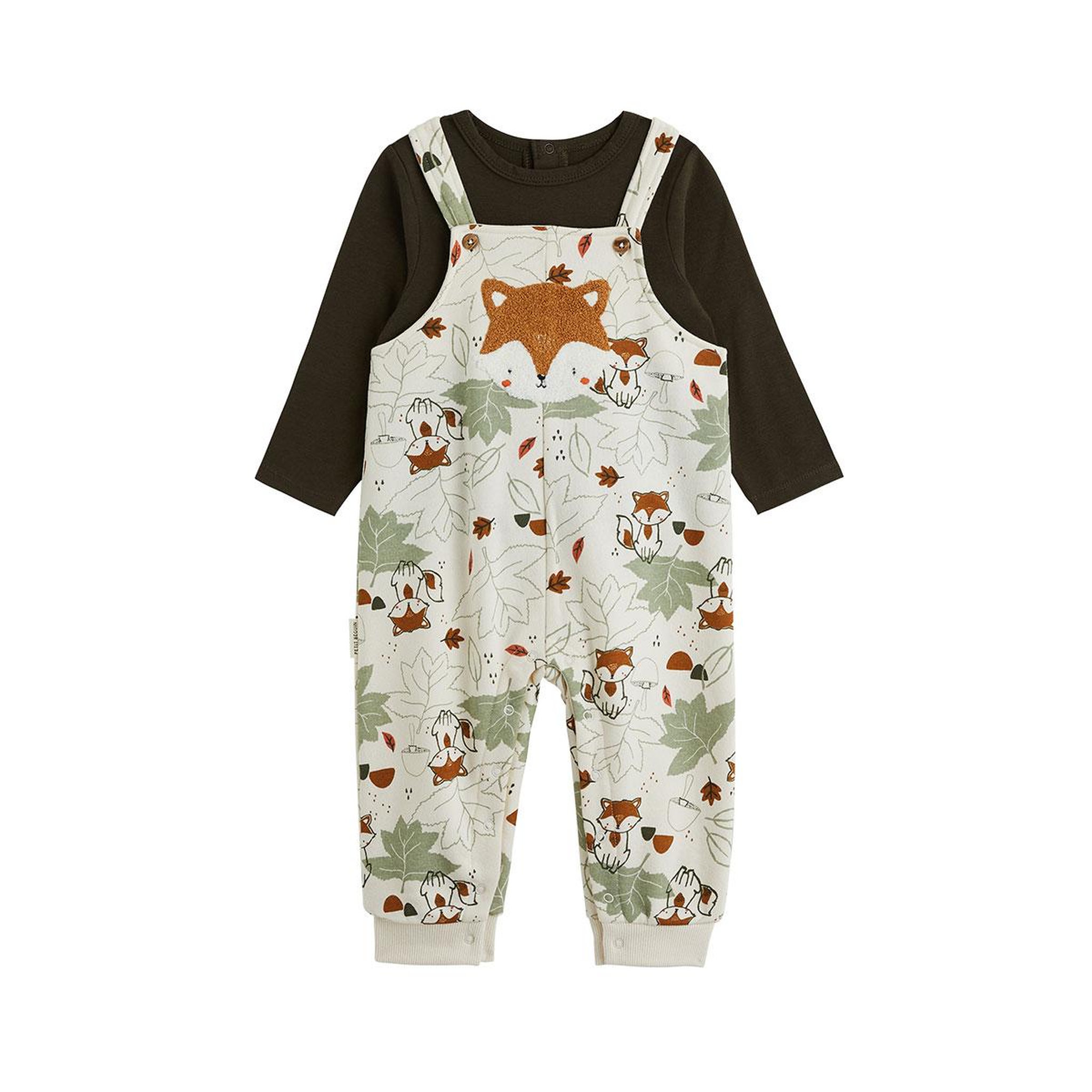 PETIT BEGUIN Ensemble salopette bébé en molleton et t-shirt ginkgo. Coloris disponibles : Beige
