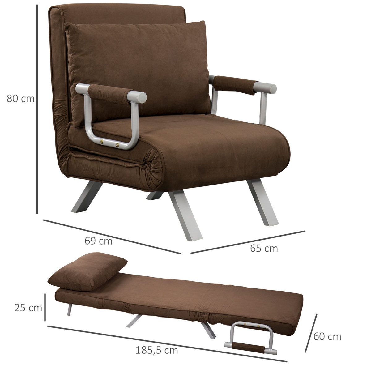 HOMCOM Fauteuil chauffeuse canapé-lit convertible 1 place déhoussable grand confort coussin pieds accoudoirs métal suède marron