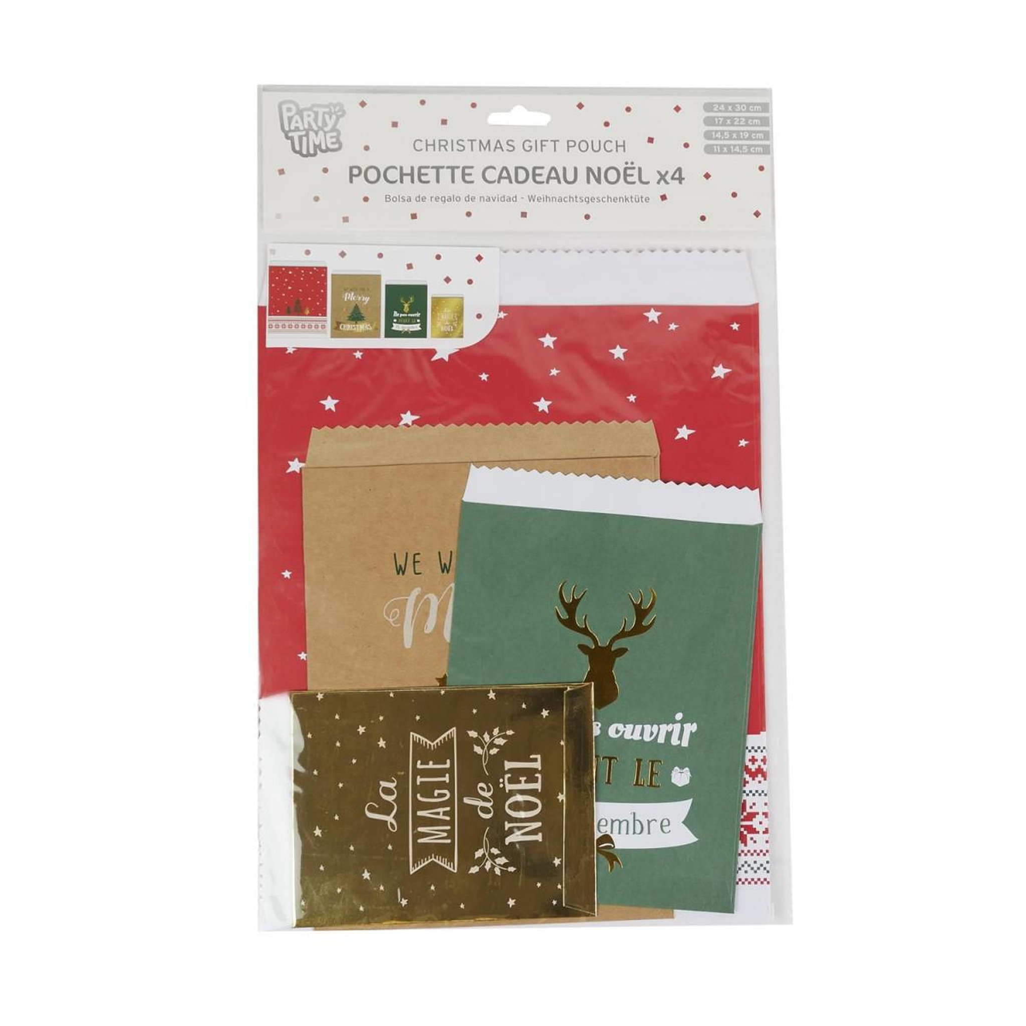 PARTY TIME Lot de 4 pochettes cadeaux  noël  30cm multicolore