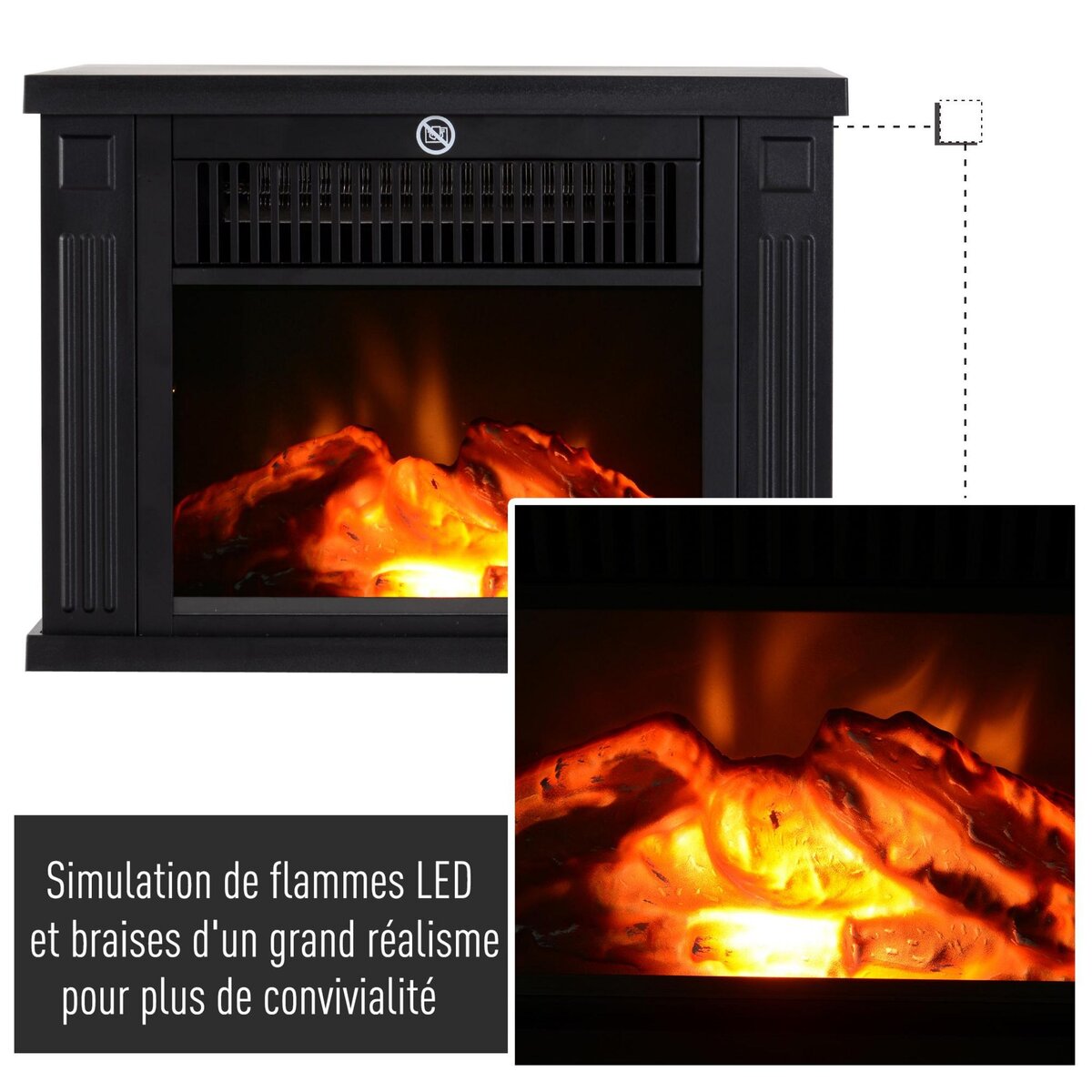 HOMCOM Cheminée électrique poêle style contemporain thermostat 600-1200 W noir