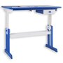 IDIMEX Bureau enfant écolier junior FLEXI table à dessin réglable en hauteur et pupitre inclinable avec 1 tiroir en pin lasuré blanc bleu