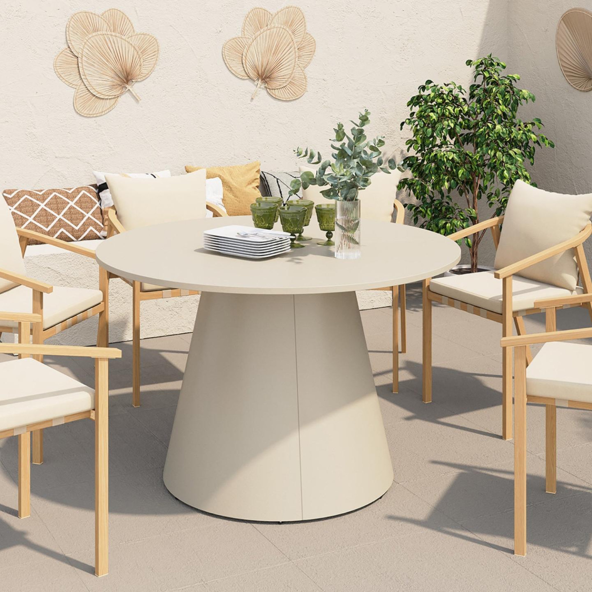 Voir la diapositive 2 : ID MARKET Table de jardin ronde AMELIA 120 CM 6 personnes avec pied central en métal beige