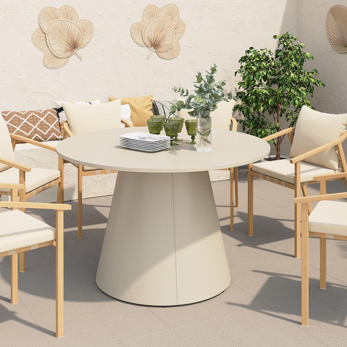 ID MARKET Table de jardin ronde AMELIA 120 CM 6 personnes avec pied central en métal beige