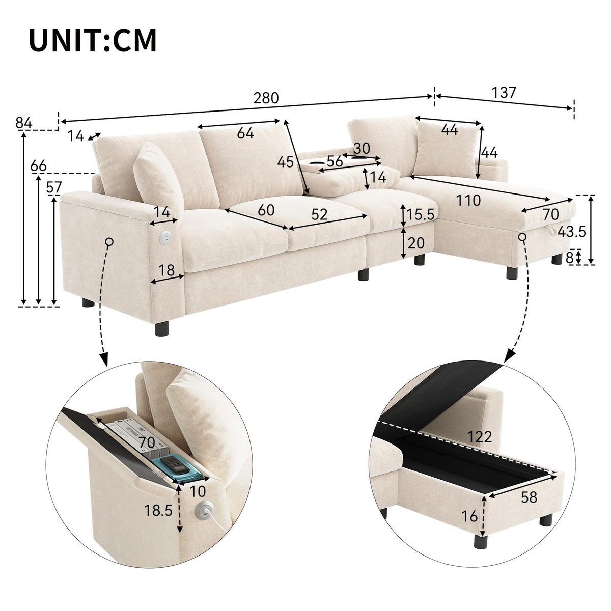 MERAX Canapé d'angle réversible fixe 4 places tissu coffre de rangement