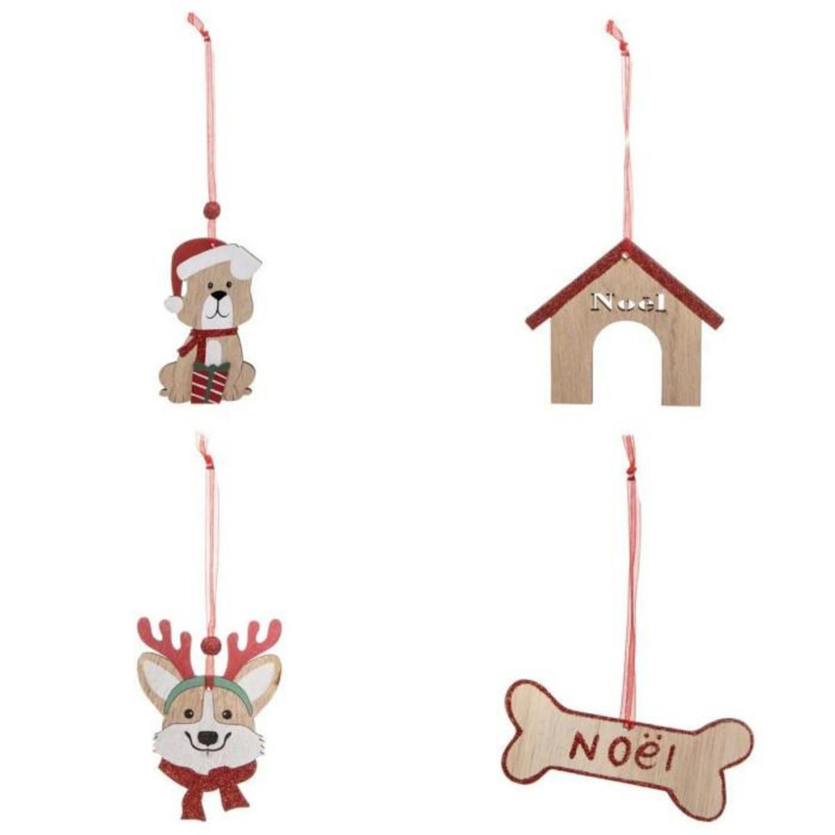 ATMOSPHERA Lot de 4 Sujets de Noël  Chien  12cm Beige & Rouge