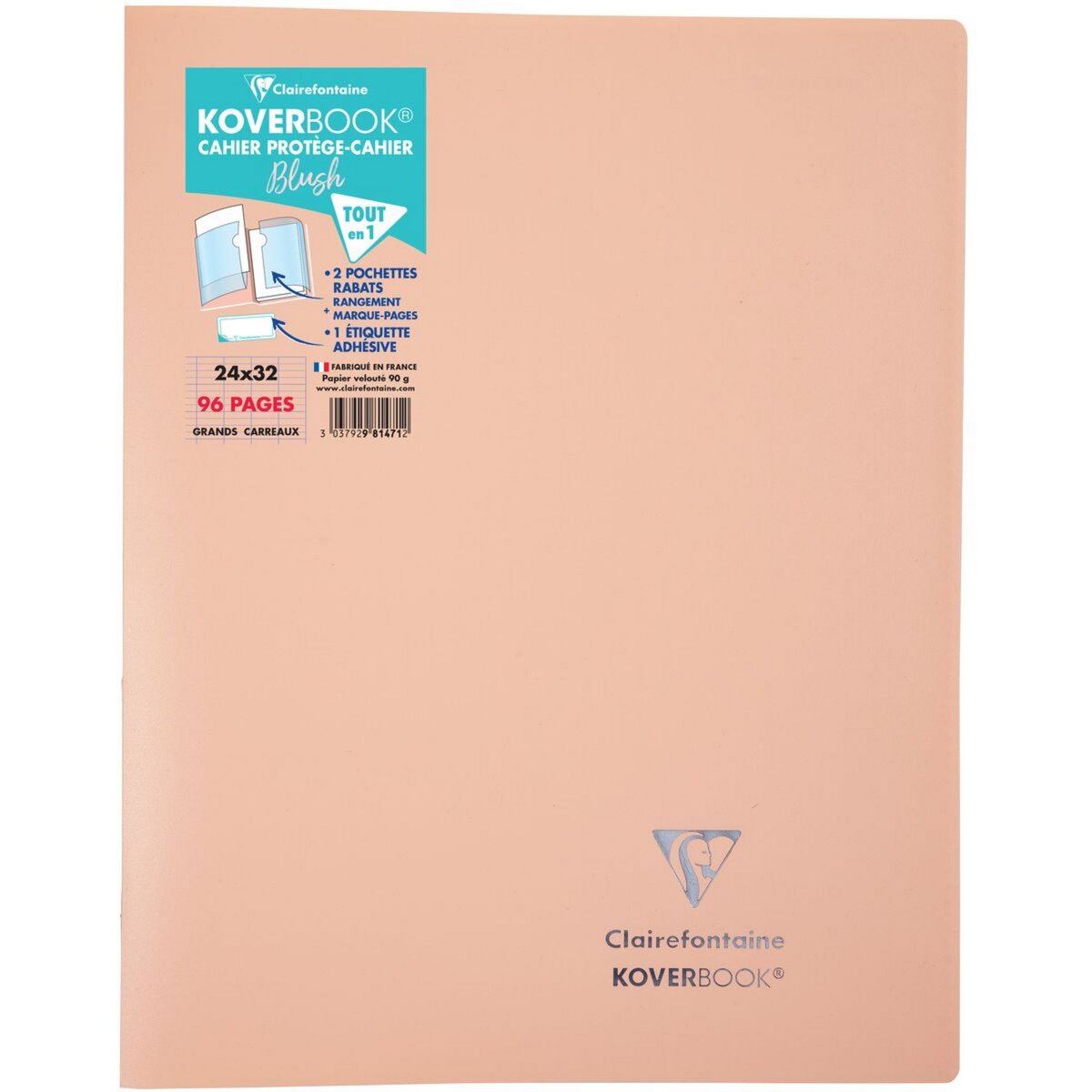CLAIREFONTAINE Cahier polypro Koverbook 24x32cm 96 pages grands carreaux Seyes blush saumon