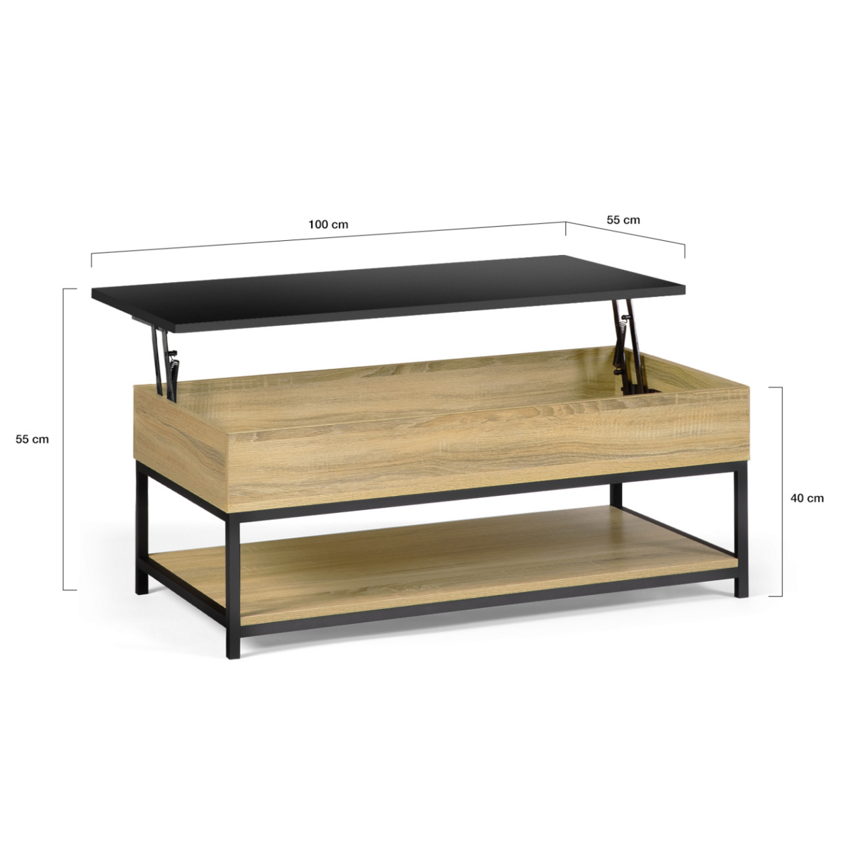 ID MARKET Table basse plateau relevable intégral rectangulaire BOSTON et étagère inférieure design industriel