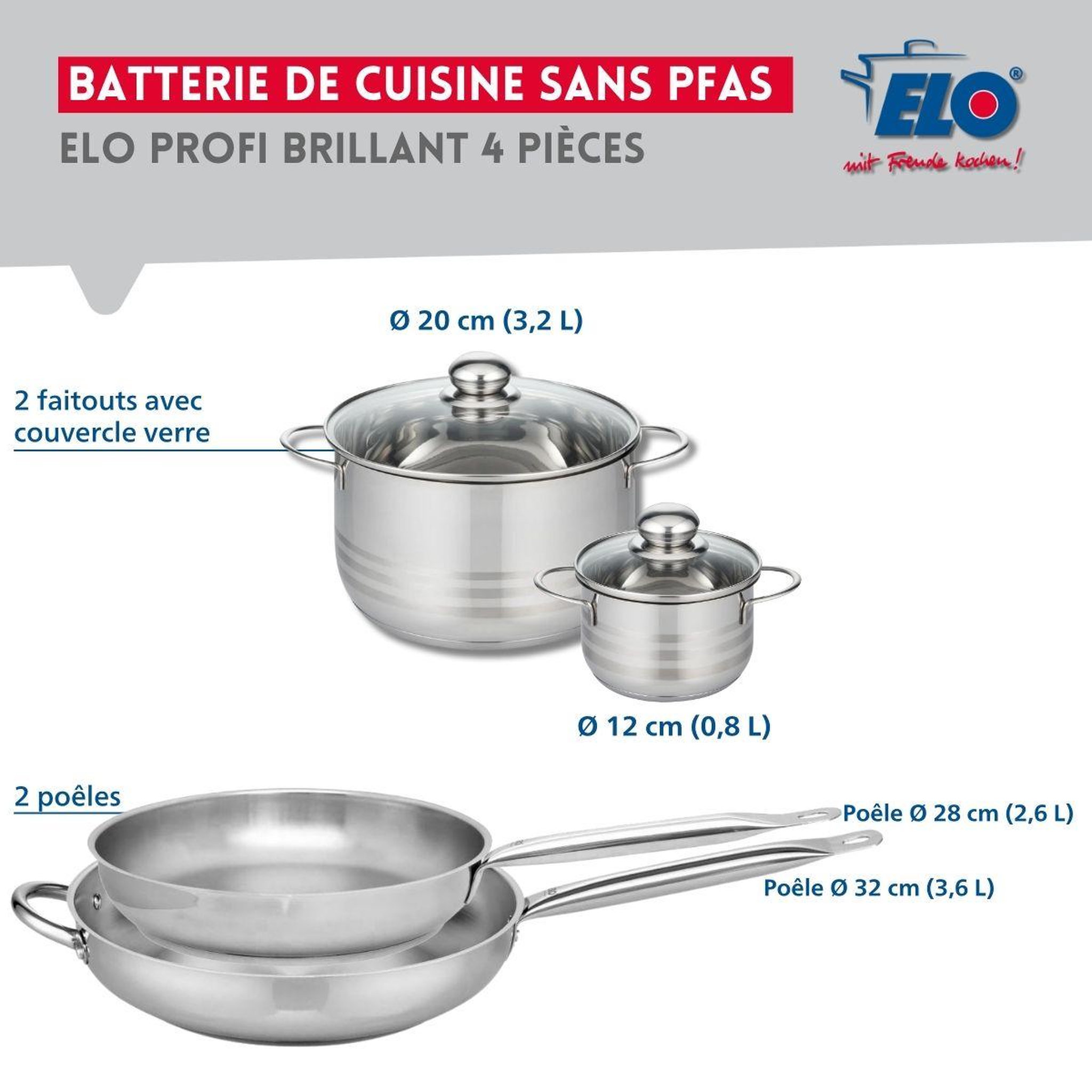 Voir la diapositive 2 : ELO Ensemble de 2 poêles de cuisson 28 et 32 cm et 2 faitouts 12 et 20 cm elo profi brillant