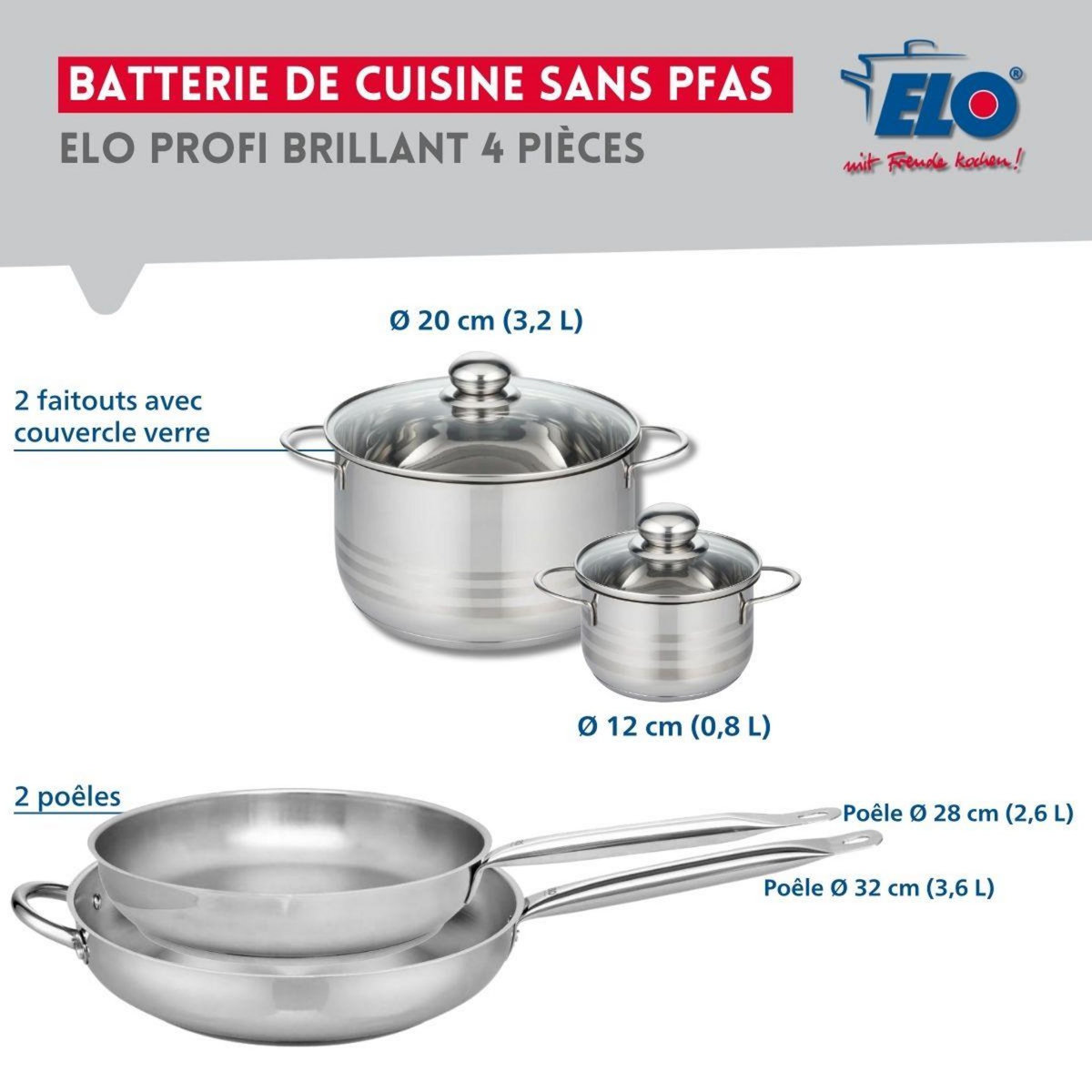 ELO Ensemble de 2 Poêles de cuisson 28 et 32 cm et 2 faitouts 12 et 20 cm Elo Profi Brillant