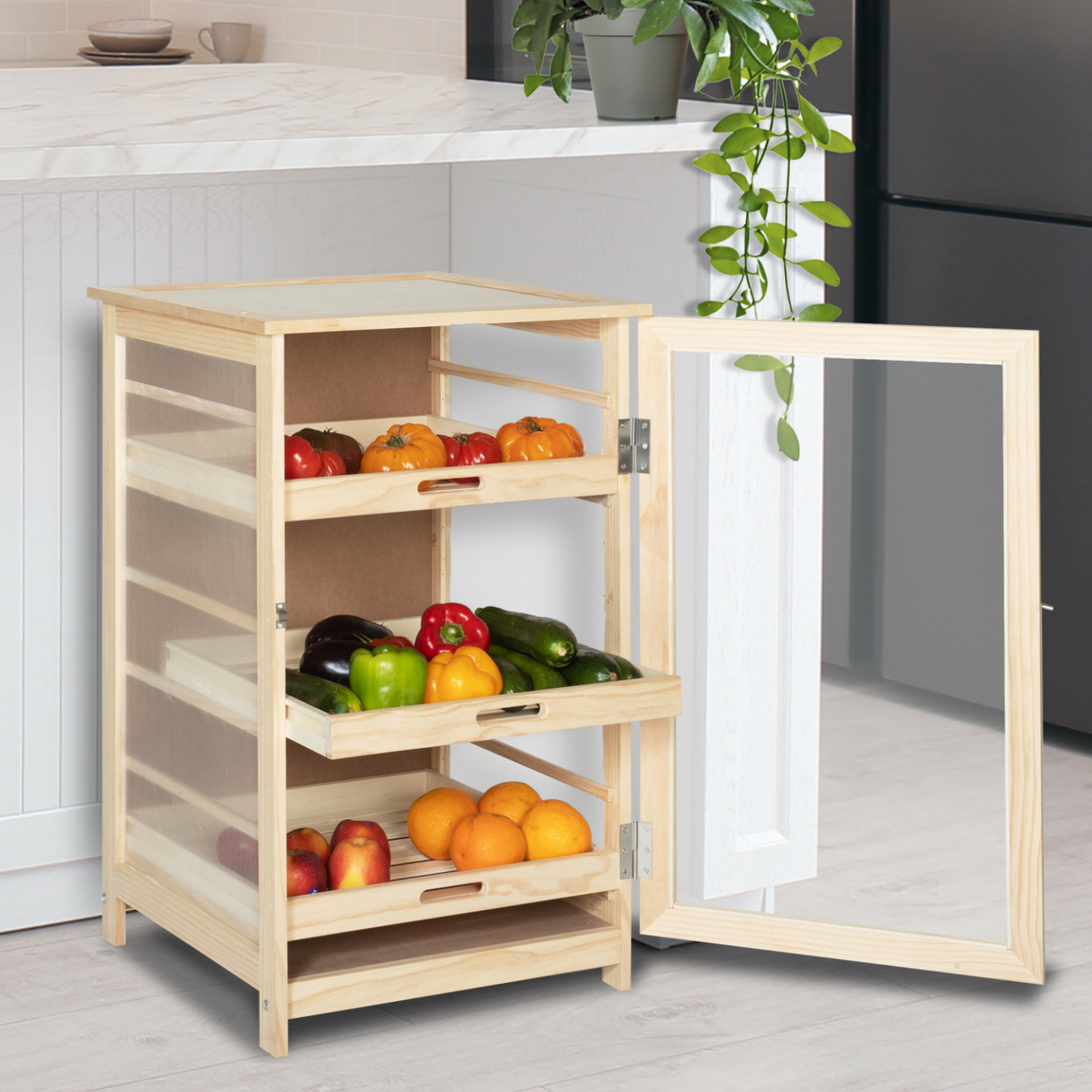 Voir la diapositive 2 : ID MARKET Légumier fruitier en bois vegge avec 3 tiroirs amovibles