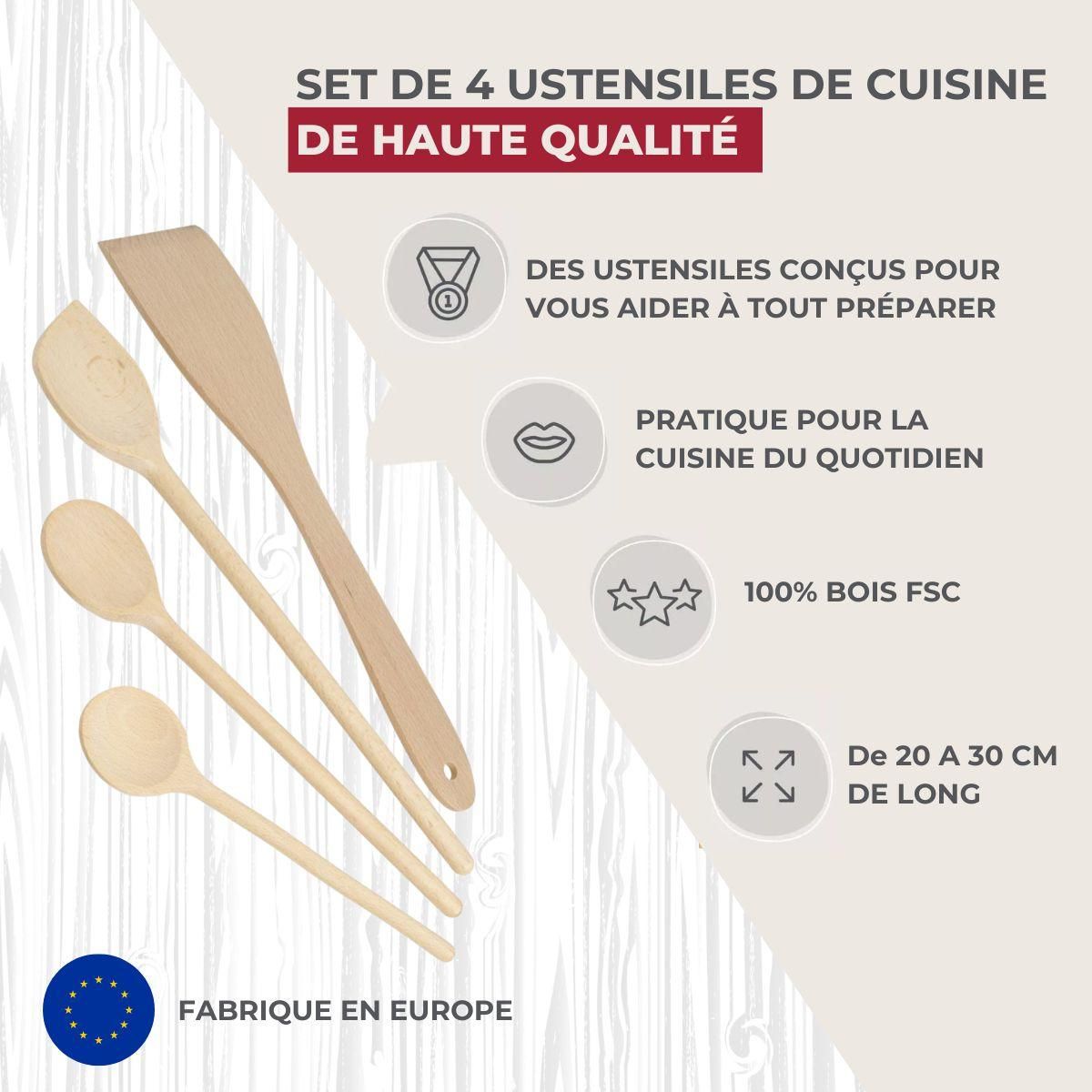 Fackelmann Set de 4 ustensiles de cuisine en bois FSC Fackelmann Nature