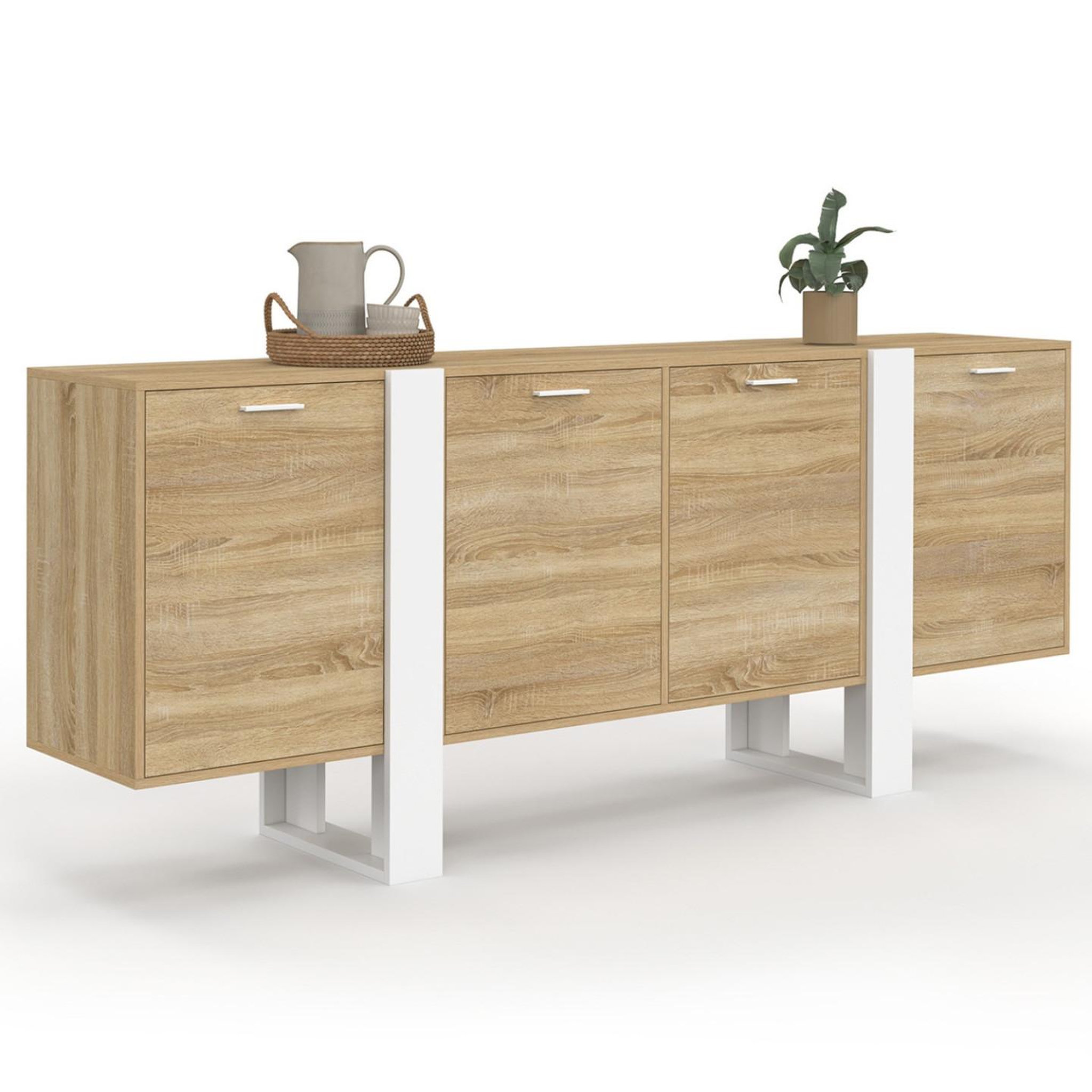ID MARKET Buffet enfilade 200 cm phoenix xxl 4 portes bois et blanc