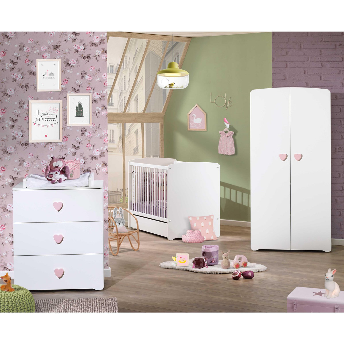 BABY PRICE Armoire chambre bébé 2 portes NEW BASIC Boutons C&oelig;ur Rose