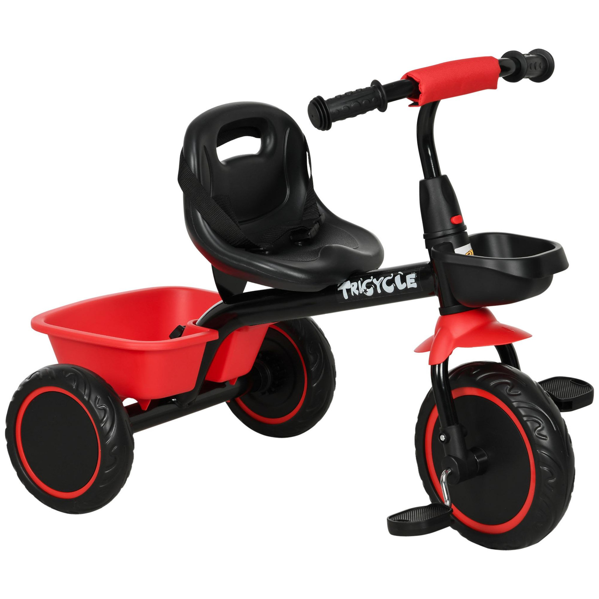Voir la diapositive 1 : HOMCOM Tricycle pour enfant évolutif avec siège réglable - pédales - 2 paniers - ceinture - pour enfant de 2 à 5 ans - rouge et noir