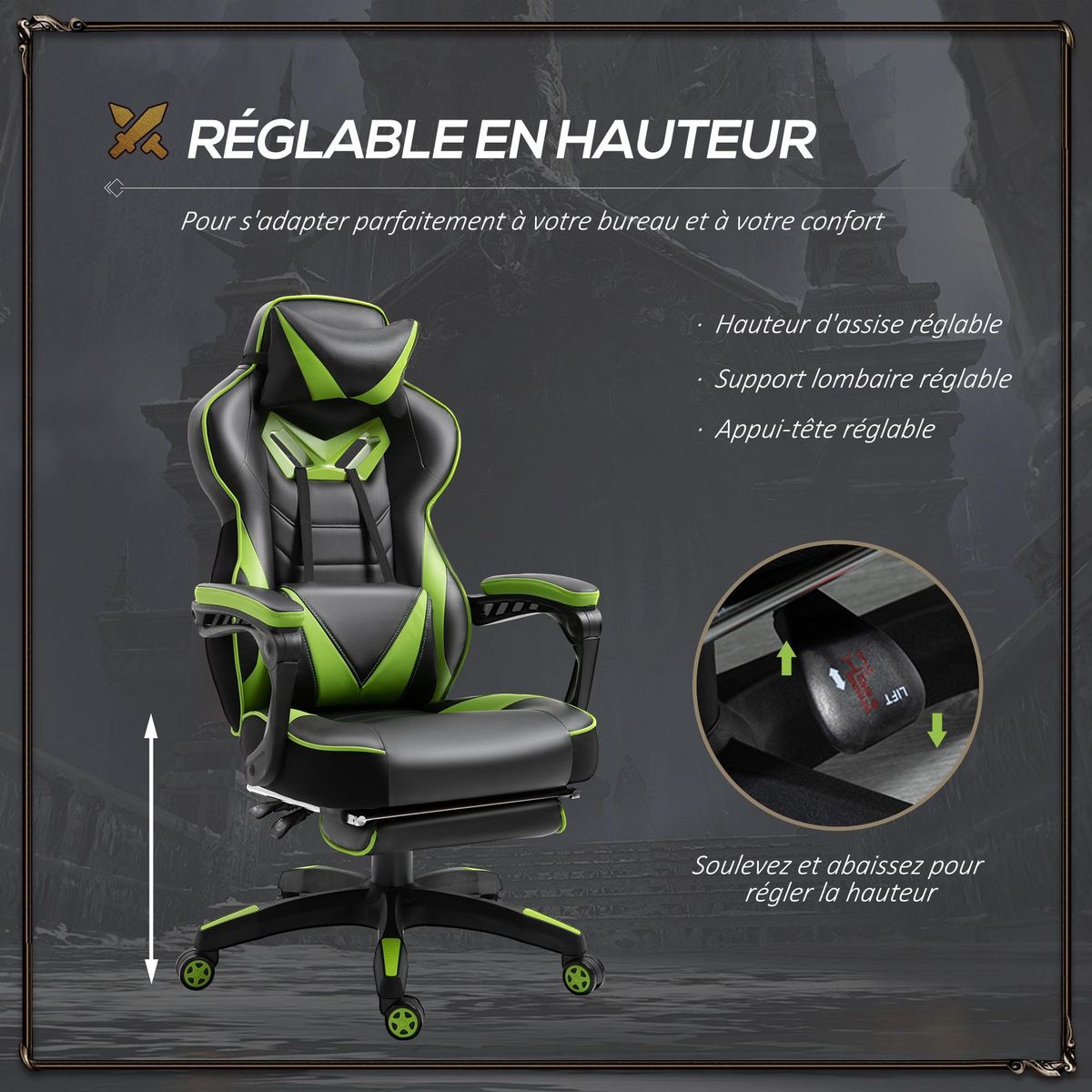 VINSETTO Vinsetto Fauteuil de bureau gamer style baquet racing - pivotant, inclinable - coussin lombaire, tétière, repose-pieds inclus - revêtement synthétique vert noir