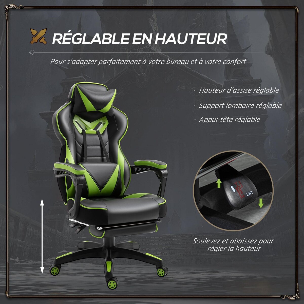 VINSETTO Vinsetto Fauteuil de bureau gamer style baquet racing - pivotant, inclinable - coussin lombaire, tétière, repose-pieds inclus - revêtement synthétique vert noir