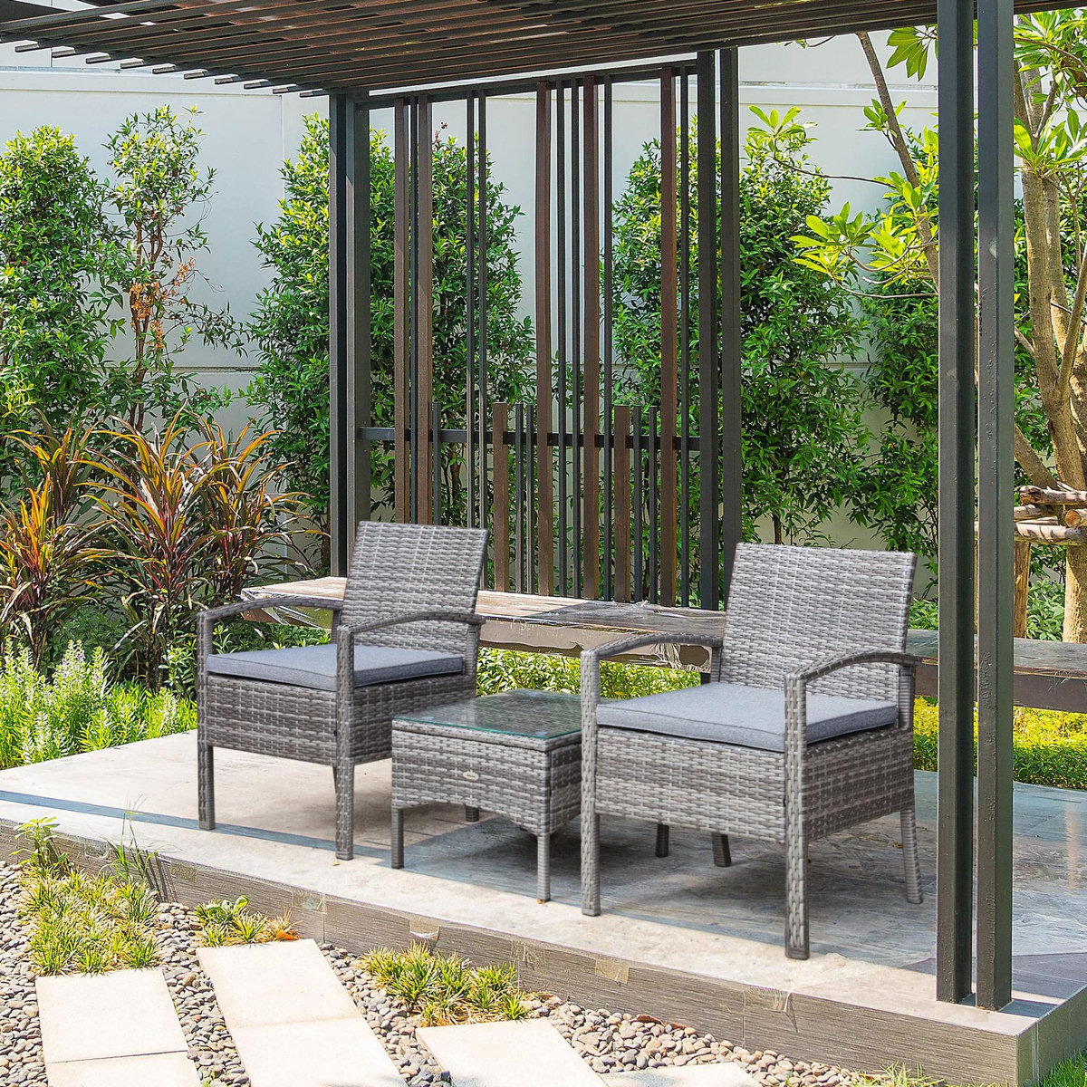 OUTSUNNY Ensemble salon de jardin 2 places 3 pièces résine tressée imitation rotin avec coussins gris