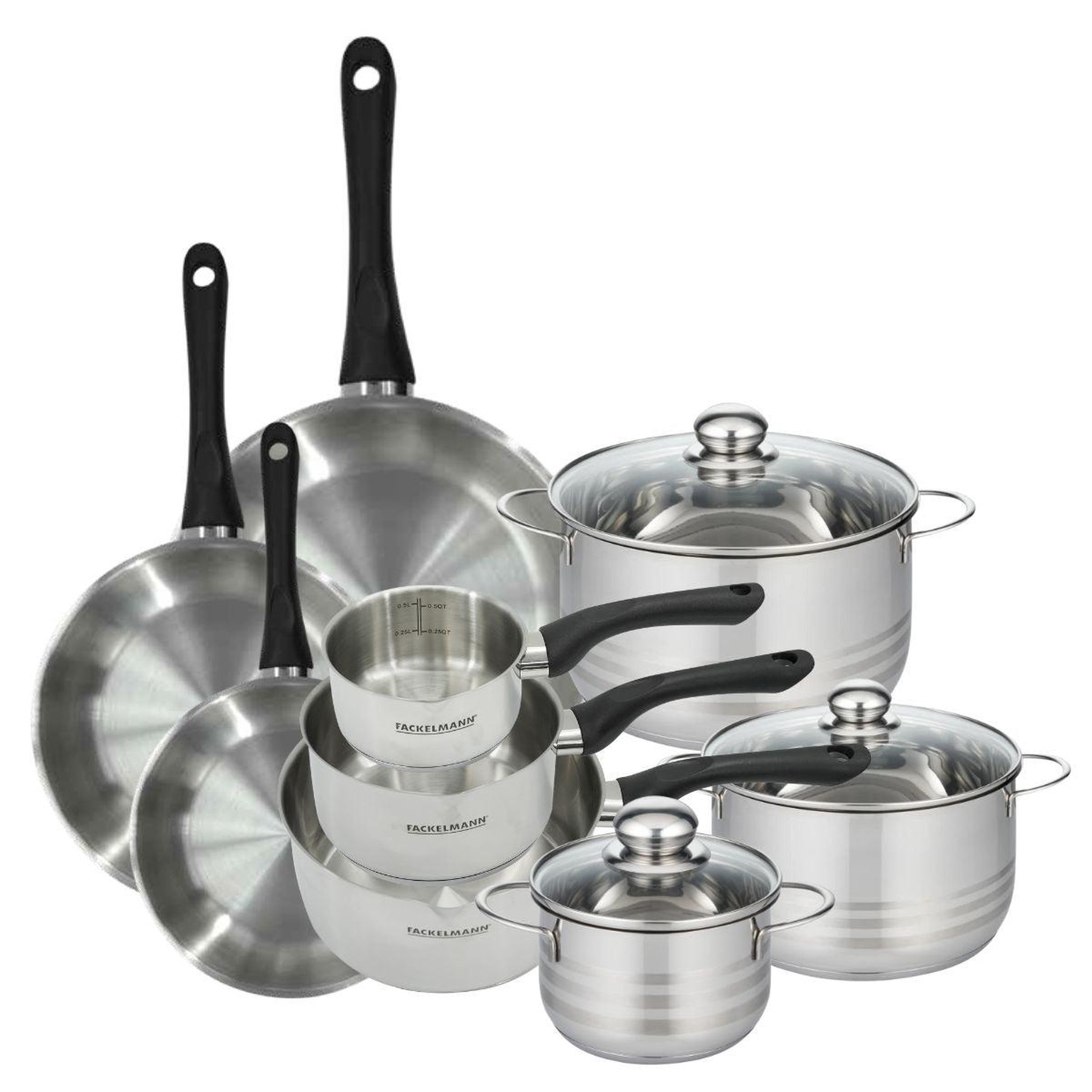Fackelmann Batterie de cuisine avec 3 poêles 20/24/28 cm 3 casseroles 12/16/20 cm et 3 faitouts 16/20/24 cm en inox sans pfas fackelmann généva brillant