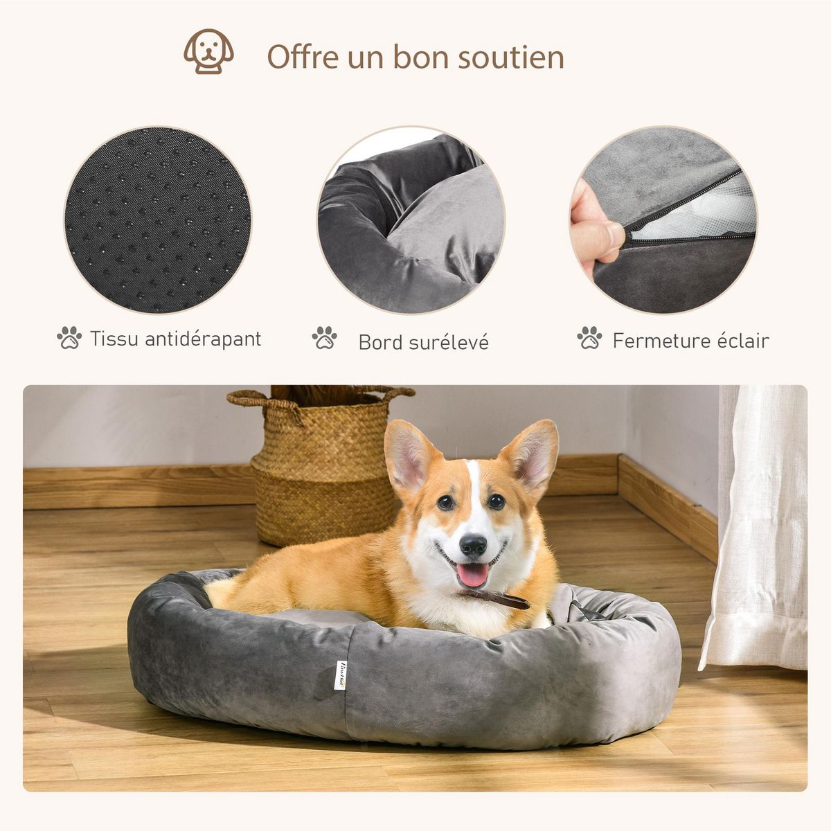 PAWHUT PawHut Lit pour chien chat panier pour chien orthopédique rembourrage coton PP housse lavable amovible gris