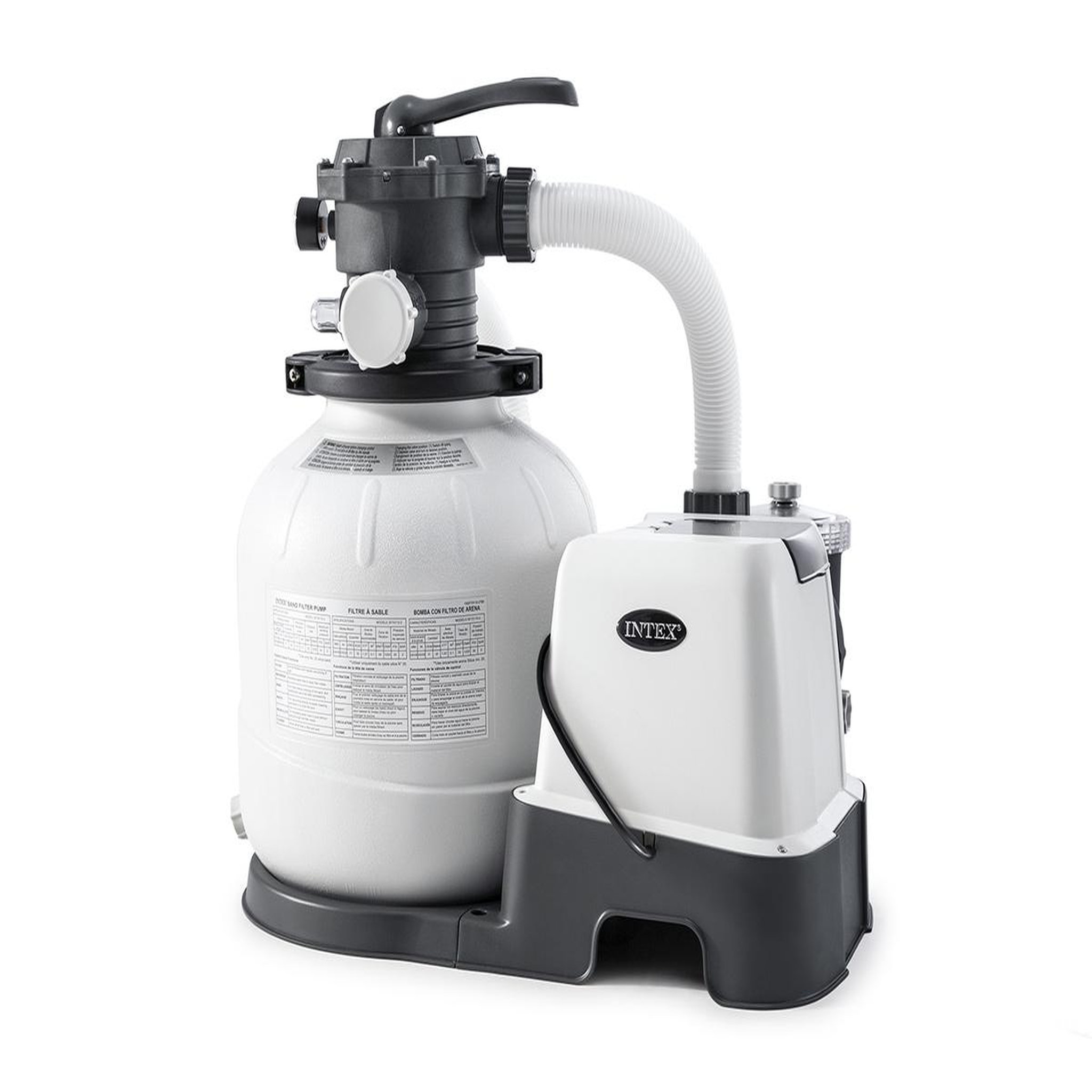 Voir la diapositive 1 : INTEX Combiné groupe de filtration à sable 6 m³/h + stérilisateur au sel QX2100 - Intex