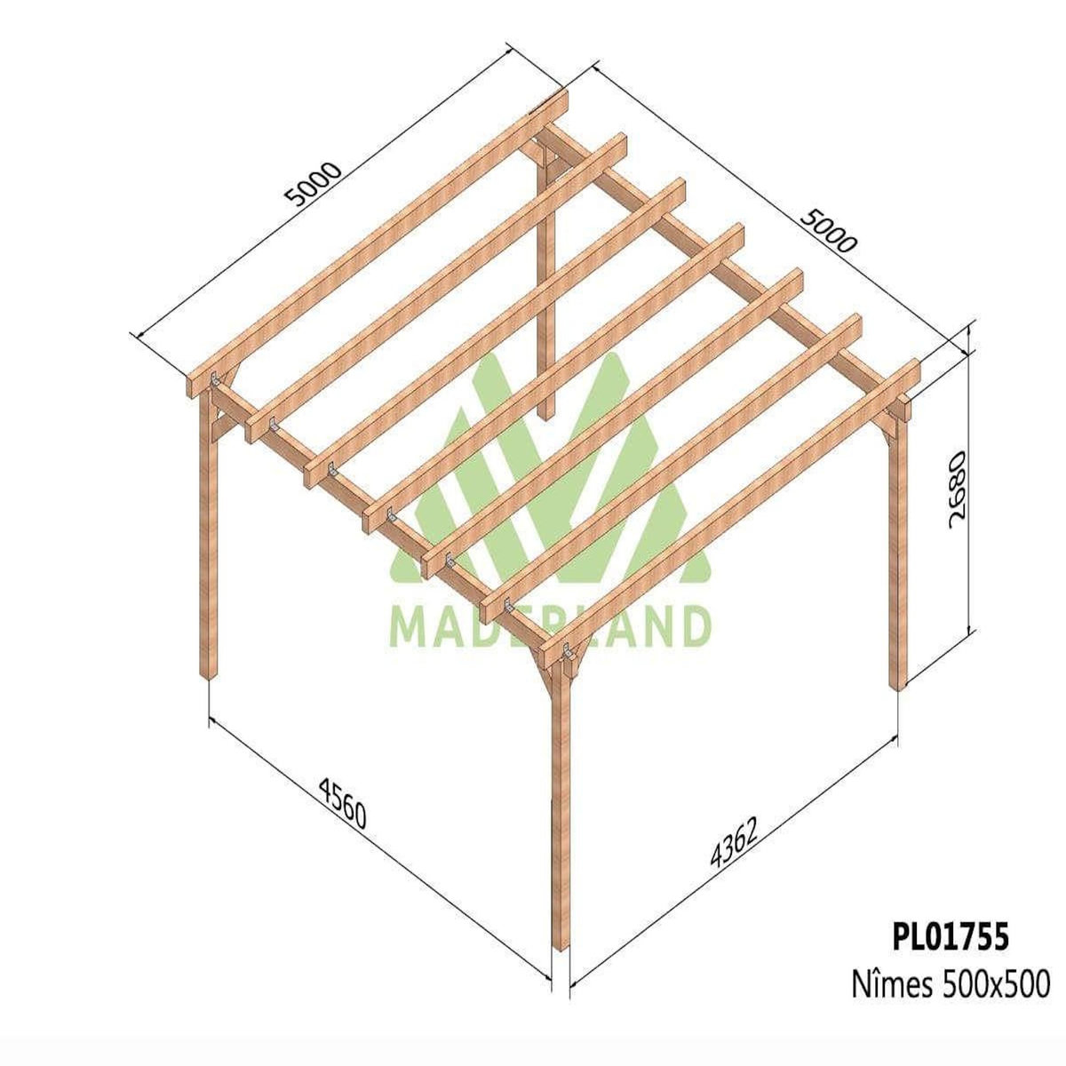 JARDIDECO Carport en bois lamellé-collé Nîmes 500 x 500 cm - Maderland
