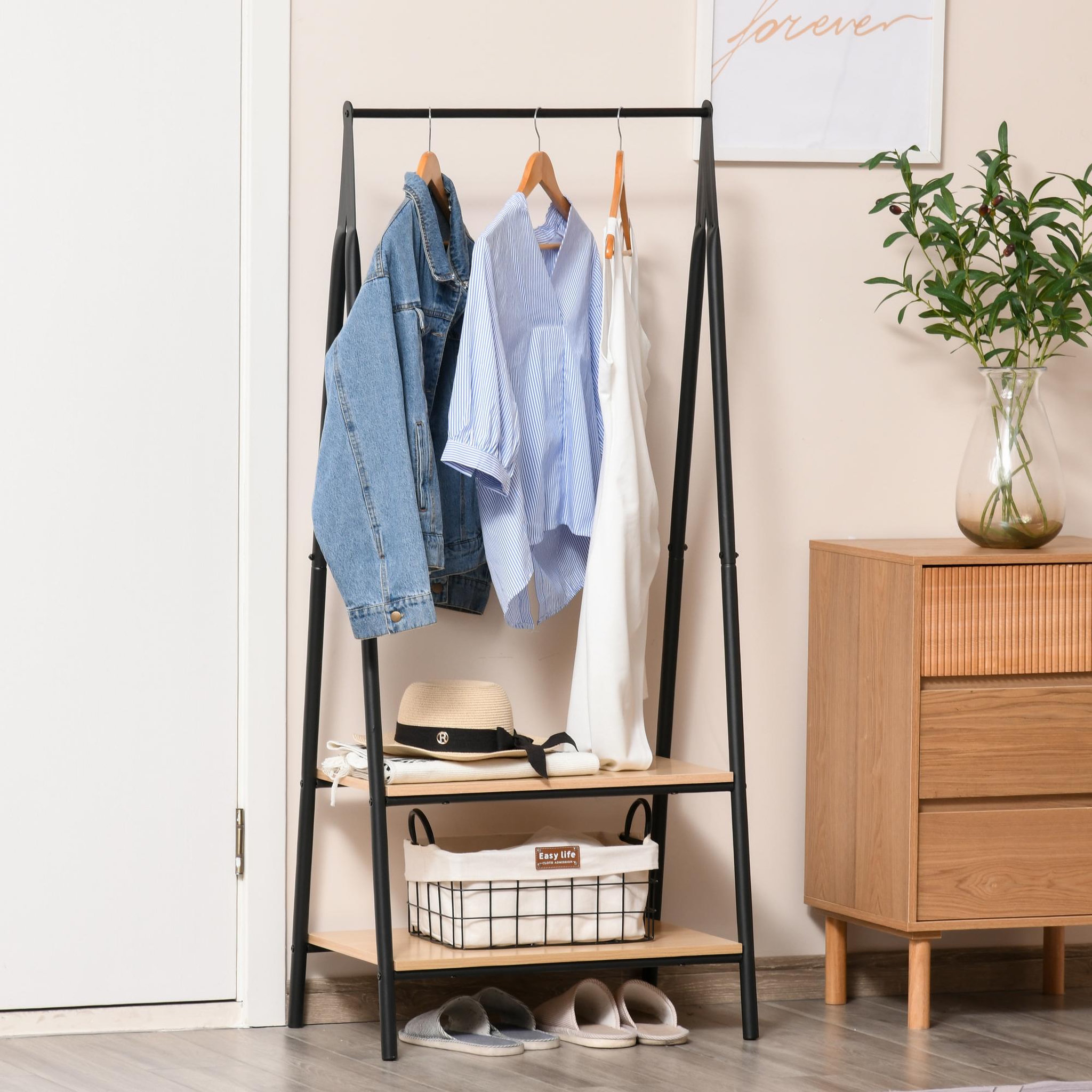 Voir la diapositive 4 : HOMCOM Portant à vêtements penderie style contemporain triangulaire dim. 64l x 43l x 149h cm 2 étagères mdf bois clair acier noir