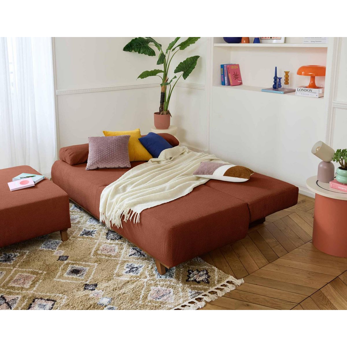 BEST MOBILIER Cristal - canapé 3 places - convertible avec coffre et grand pouf - en velours texturé