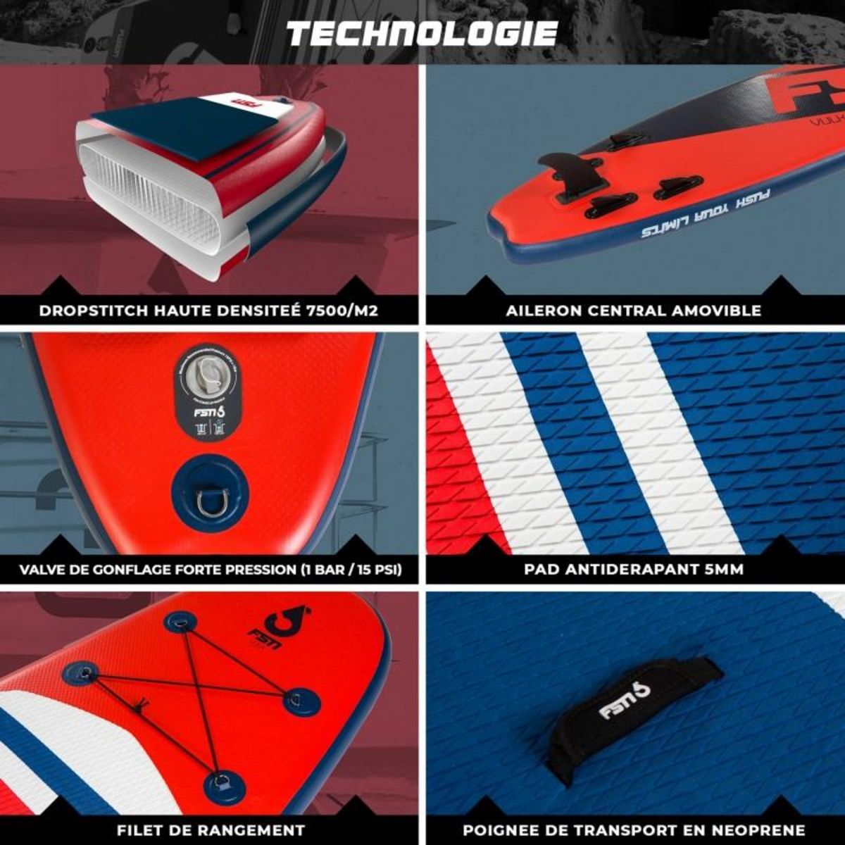 FUSION Paddle Gonflable VULK 9'8 - 299 x 81 x 13 cm - Stand Up Paddle avec pagaie, leash, pompe et sac de transport