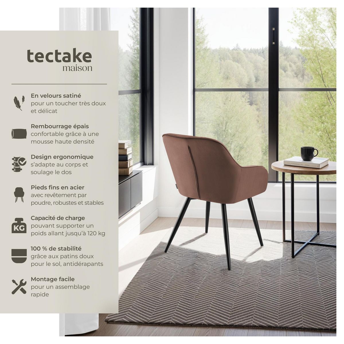 tectake Chaise de salle à manger rembourrée et en velours matelassé brun-noir Lot de 2