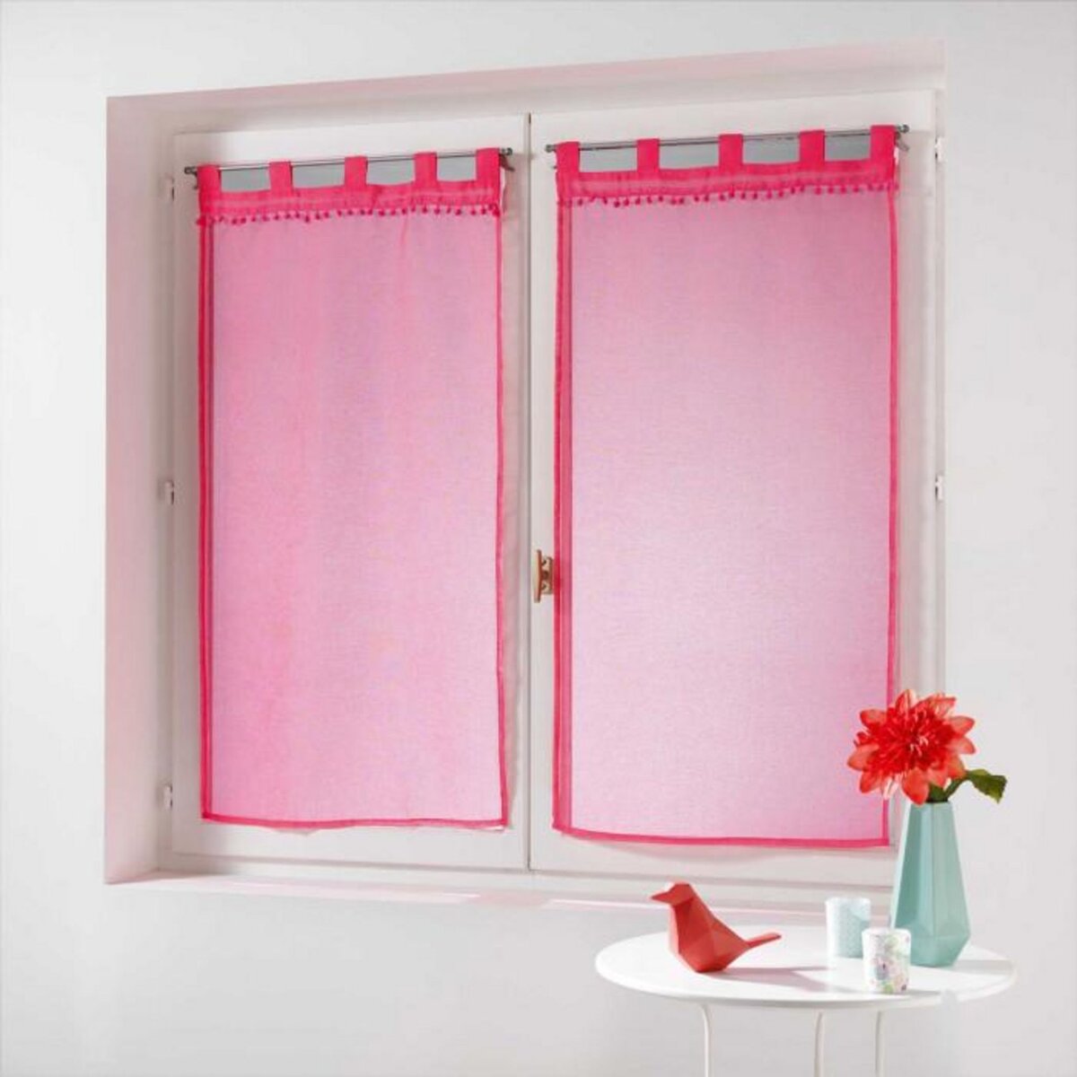 Paris Prix Paire de Voilages à Pompons  Poupette  60x90cm Corail