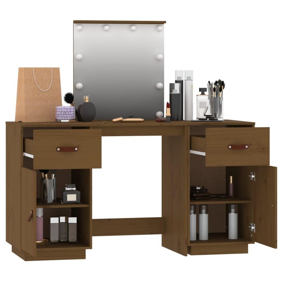 VIDAXL Ensemble de coiffeuse avec LED Marron miel Bois de pin solide