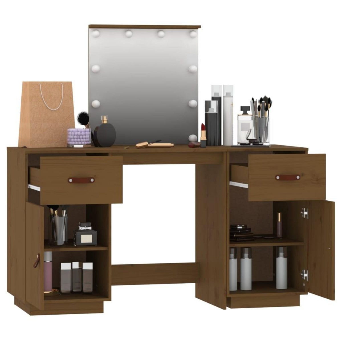 VIDAXL Ensemble de coiffeuse avec LED Marron miel Bois de pin solide