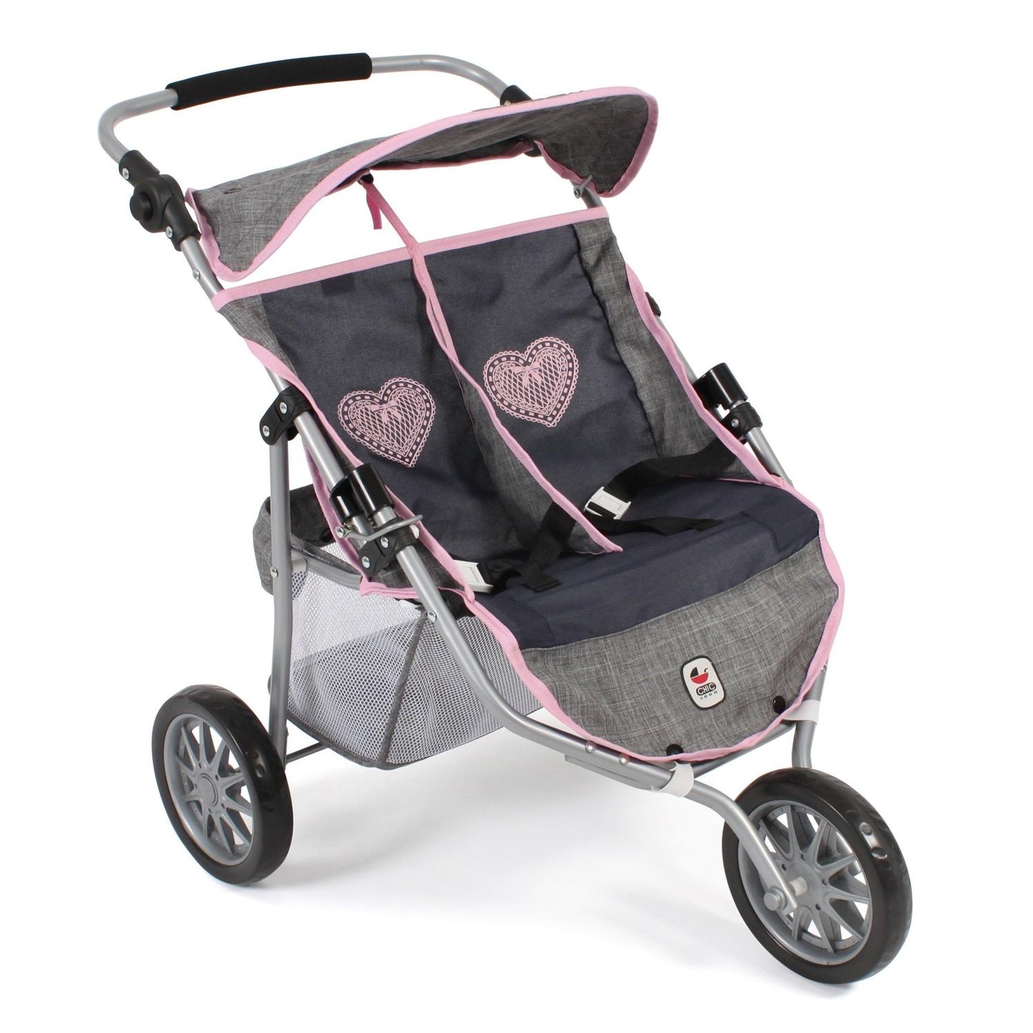 BAYER CHIC 2000 Poussette Jogger 3 roues pour poupées jumelles gris bleu marine