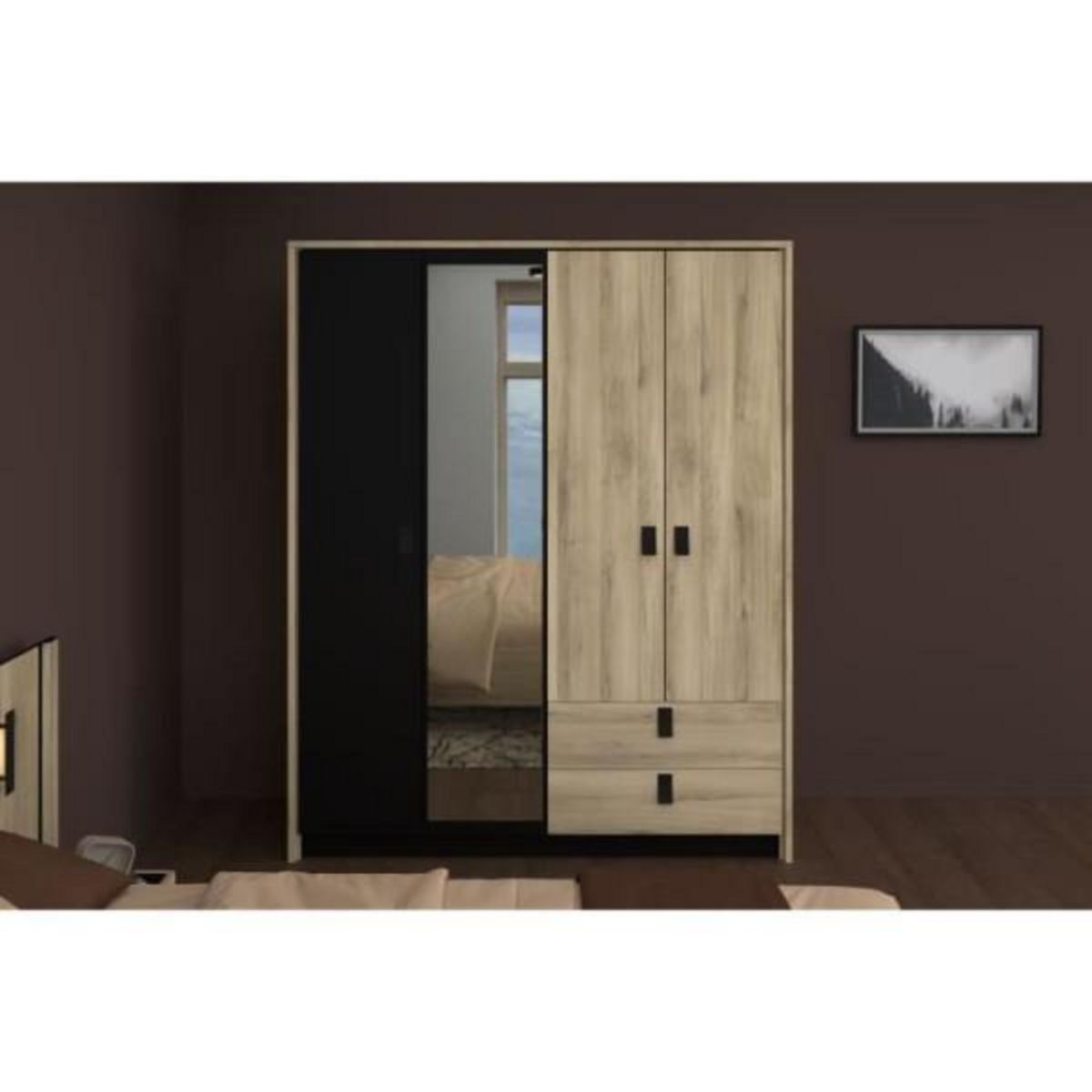 PARISOT Armoire - Chene / Noir - 4 portes 2 tiroirs - 162 x 52,1 x 199,2 cm - PARISOT