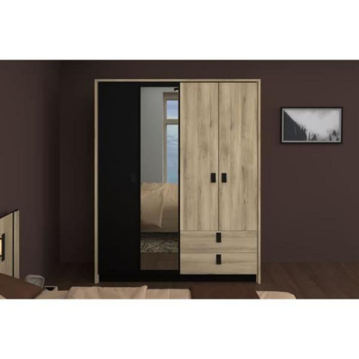 PARISOT Armoire - Chene / Noir - 4 portes 2 tiroirs - 162 x 52,1 x 199,2 cm - PARISOT