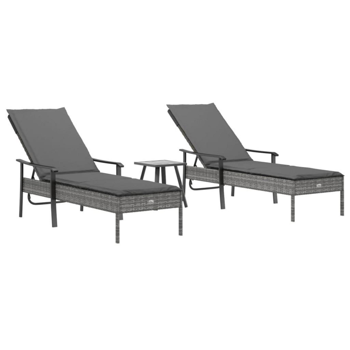 VIDAXL Chaises longues lot de 2 avec table et coussins gris poly rotin