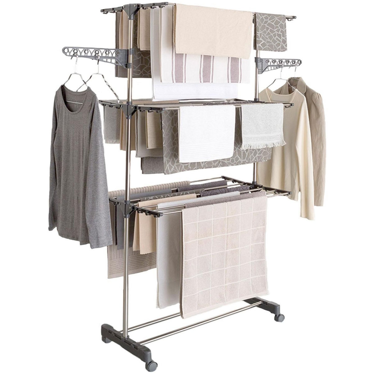 ID MARKET Séchoir à linge vertical pliable 3 niveaux MAXIMA capacité 20M inox et gris