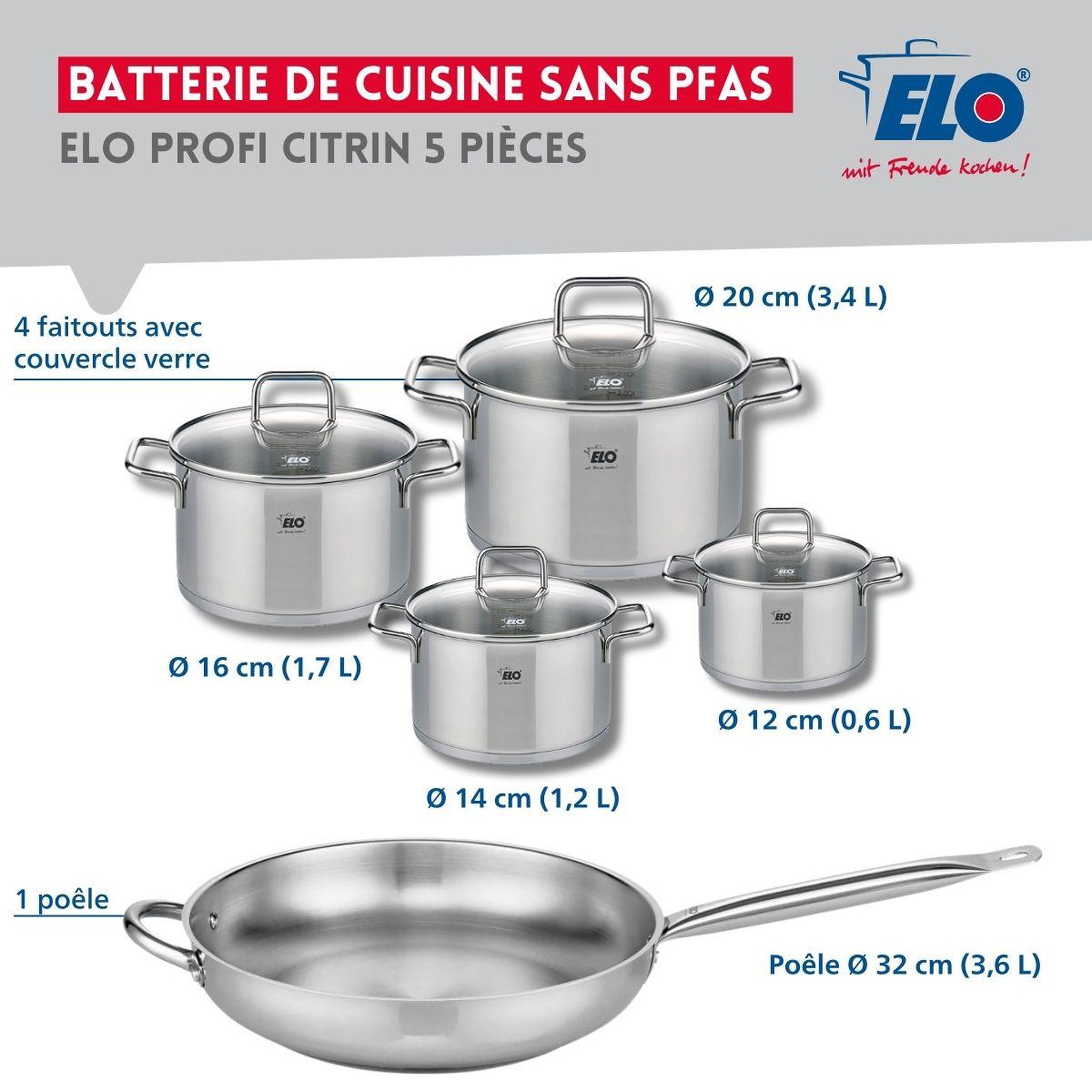 Voir la diapositive 2 : ELO Set de 1 poêle de cuisson 32 cm et 4 faitouts 12, 14, 16 et 20 cm elo profi citrin