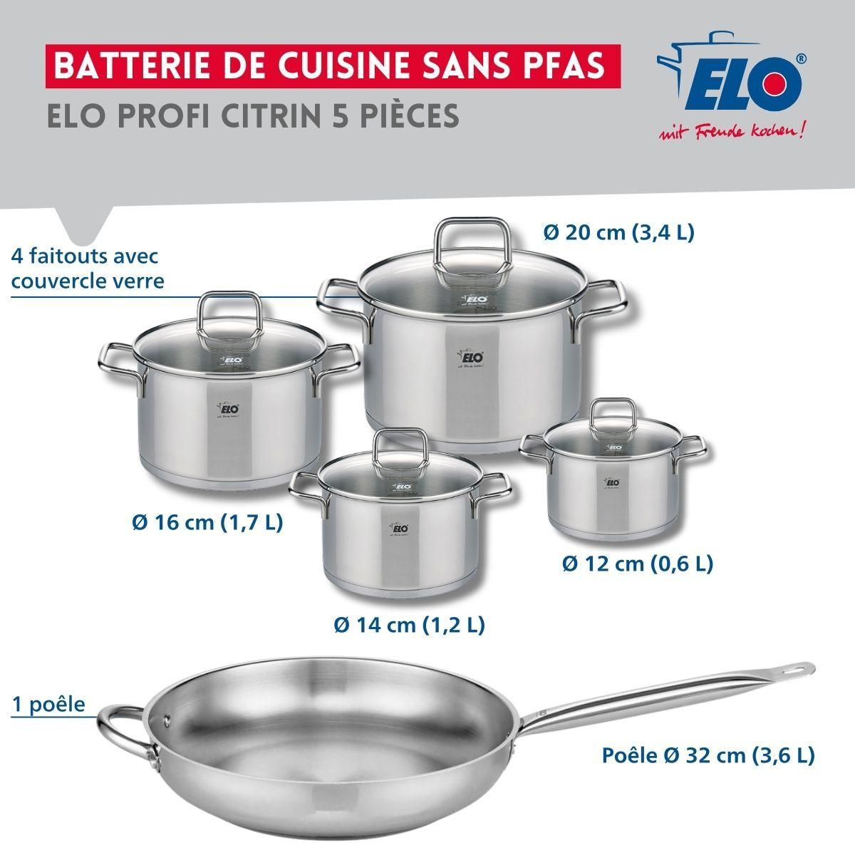 ELO Set de 1 Poêle de cuisson 32 cm et 4 faitouts 12, 14, 16 et 20 cm Elo Profi Citrin