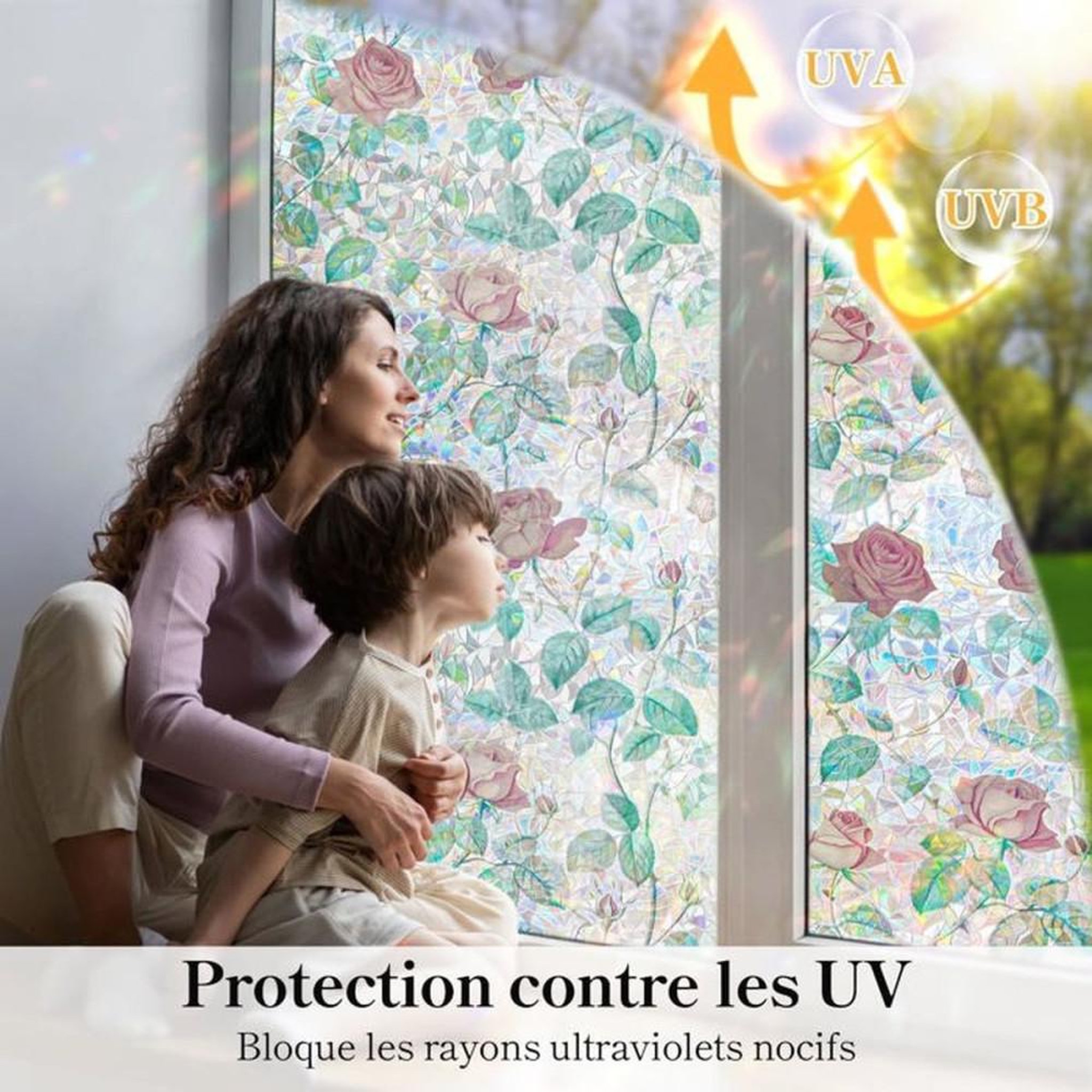 Voir la diapositive 4 : Film fenêtre 3D arc-en-ciel électrostatique sans colle motif roses 45 x 200 cm protection UV intimité