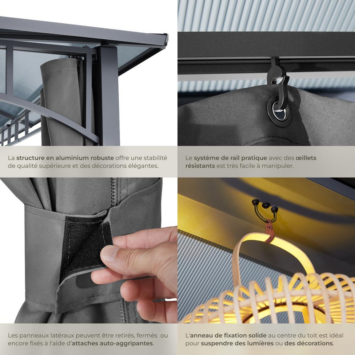 tectake Pavillon de jardin avec cadre en aluminium laqué époxy gris 3 x 3 m