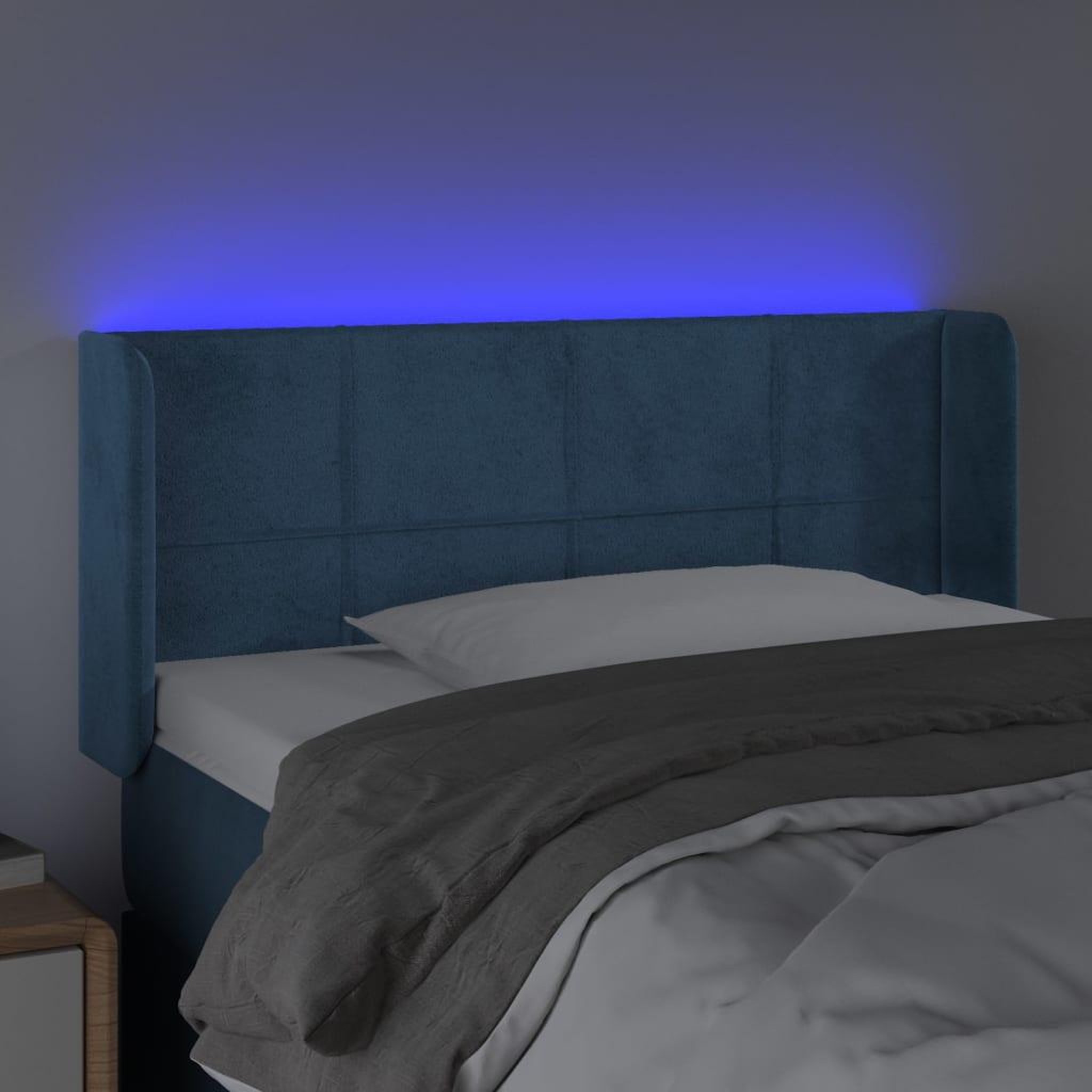 Voir la diapositive 4 : VIDAXL Tete de lit a LED Bleu fonce 103x16x78/88 cm Velours