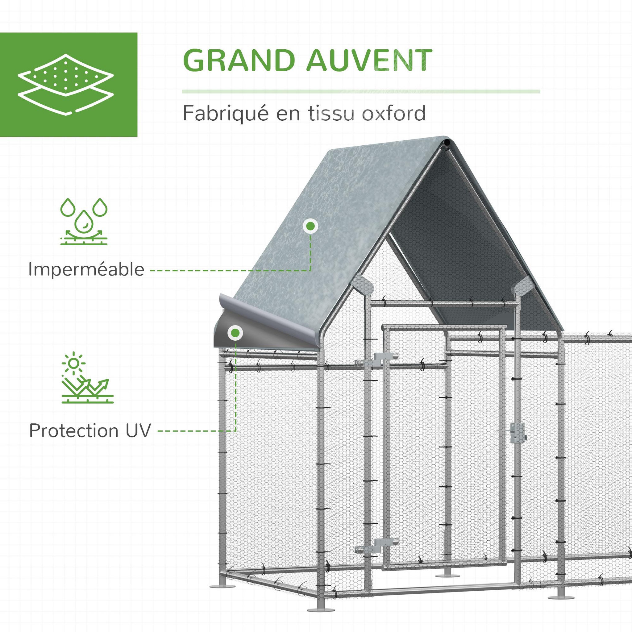 Voir la diapositive 4 : PAWHUT Enclos poulailler chenil 3,23 m² - parc grillagé dim 3,02L x 1,07l x 1,72H m - espace couvert - acier galvanisé