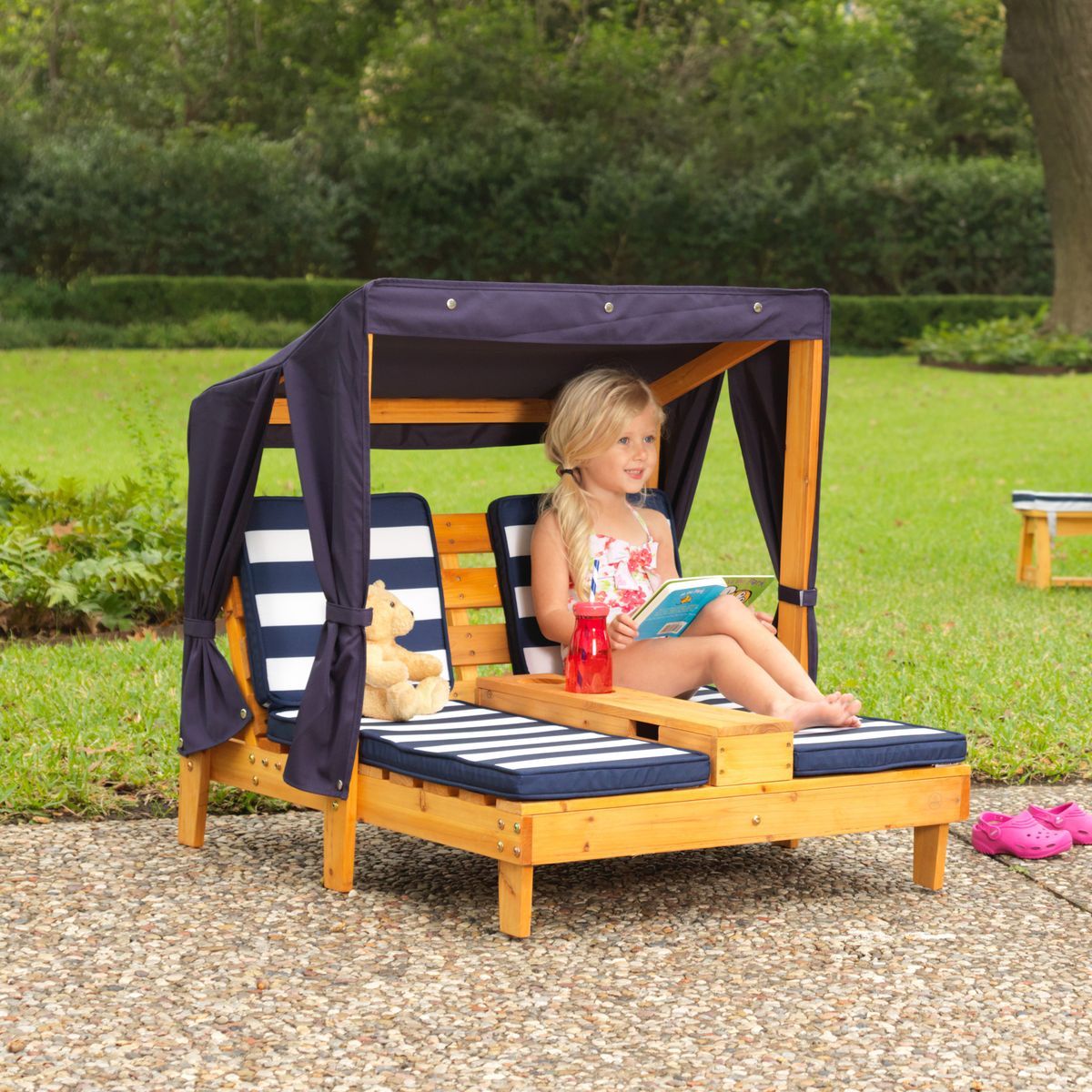 Kidkraft Double chaise longue avec porte-gobelets - Miel et bleu marine