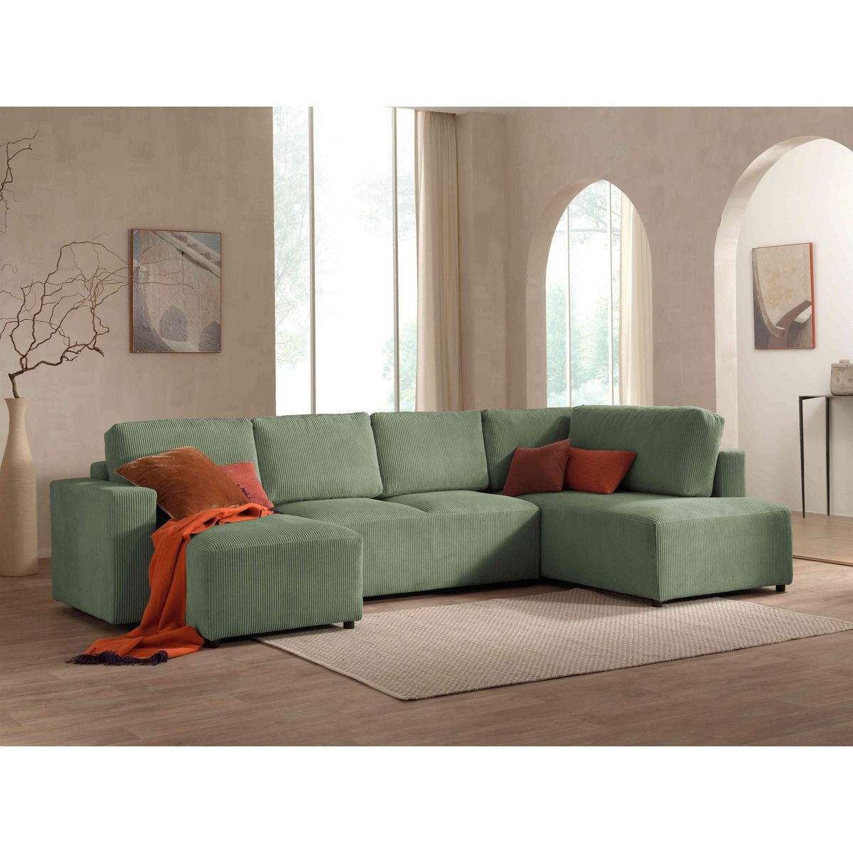 LISA DESIGN Livy - canapé panoramique convertible - avec coffre - en velours côtelé - 7 places - droit