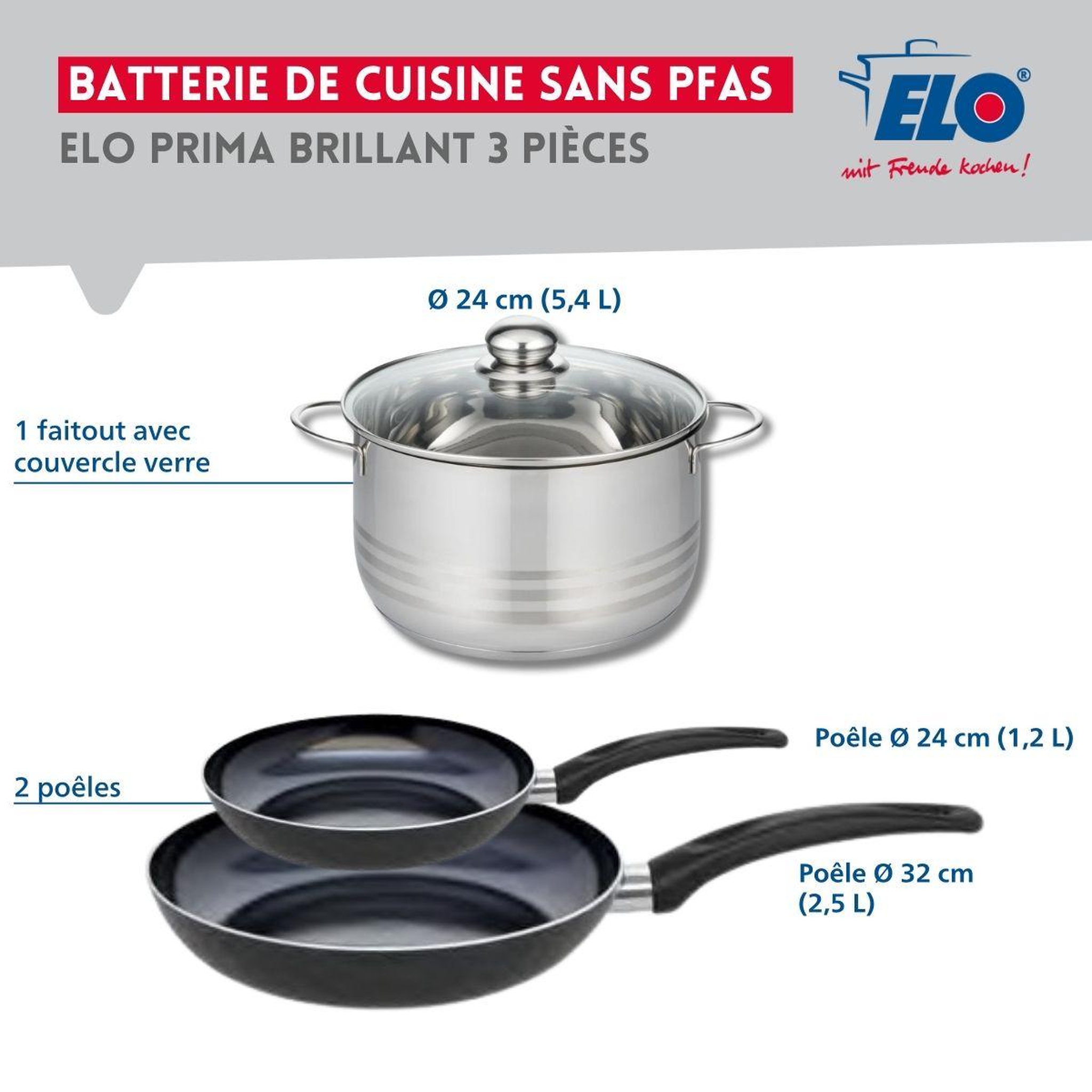 Voir la diapositive 2 : ELO Ensemble de 2 poêles de cuisson 24 et 32 cm et 1 faitout 24 cm elo prima brillant