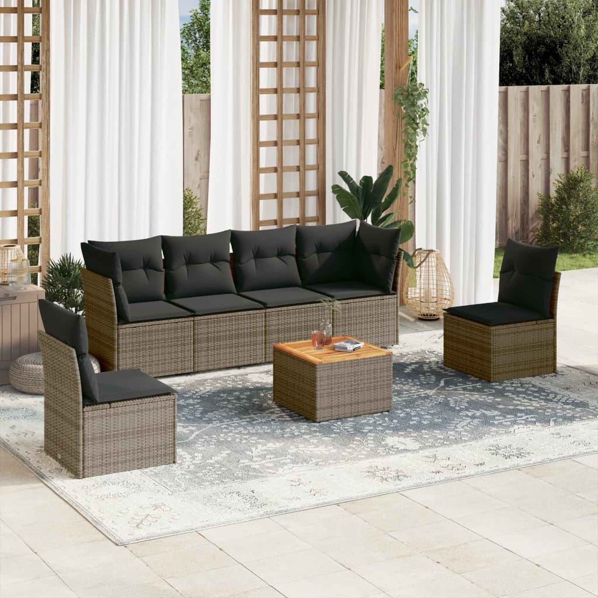 VIDAXL Salon de jardin avec coussins 7 pcs gris resine tressee