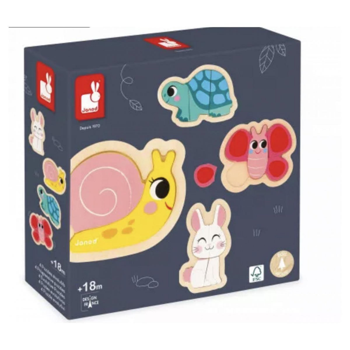 Juratoys-Janod Puzzle évolutif en bois avec 4 animaux du jardin pour enfants dès 18 mois