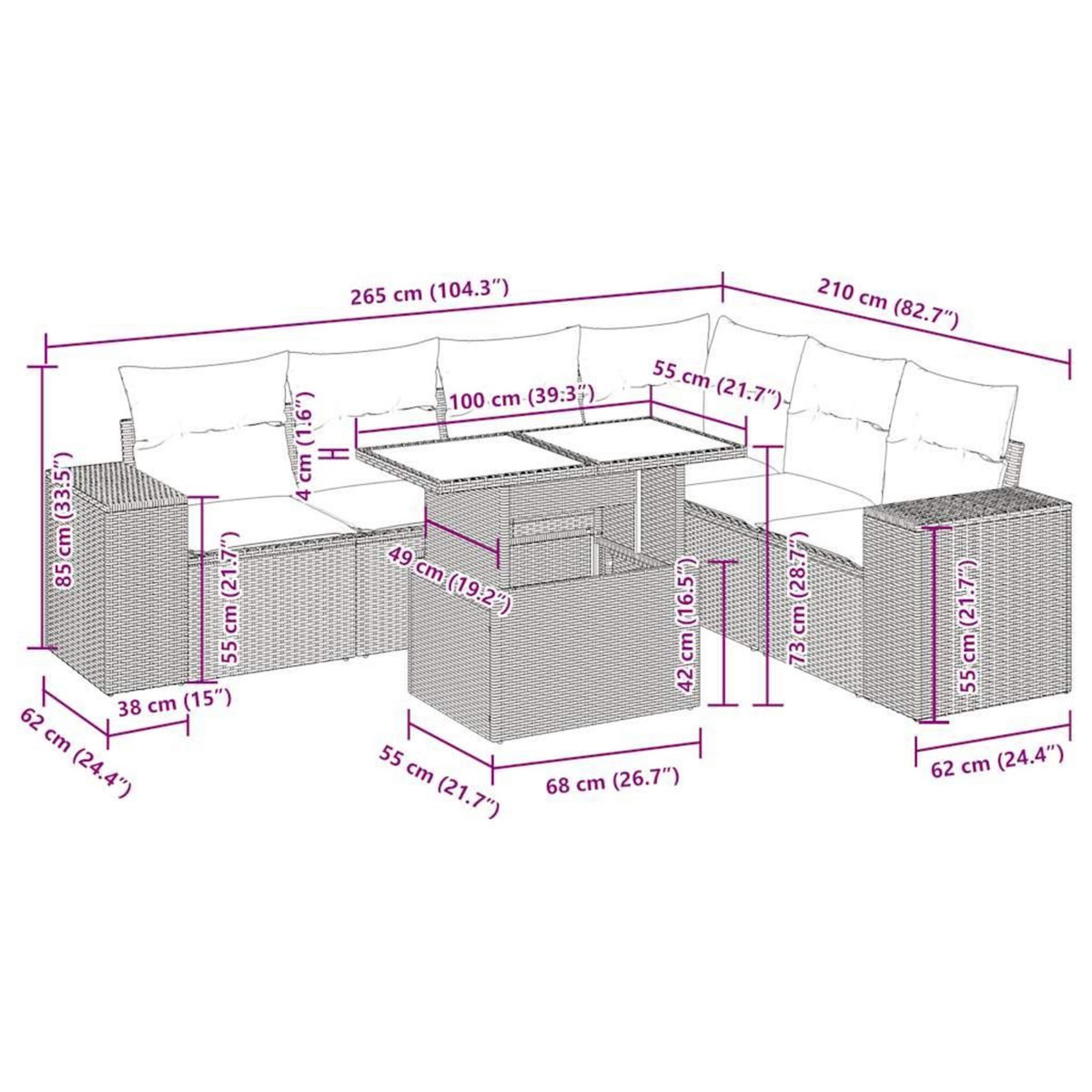 VIDAXL Salon de jardin avec coussins 7 pcs beige resine tressee