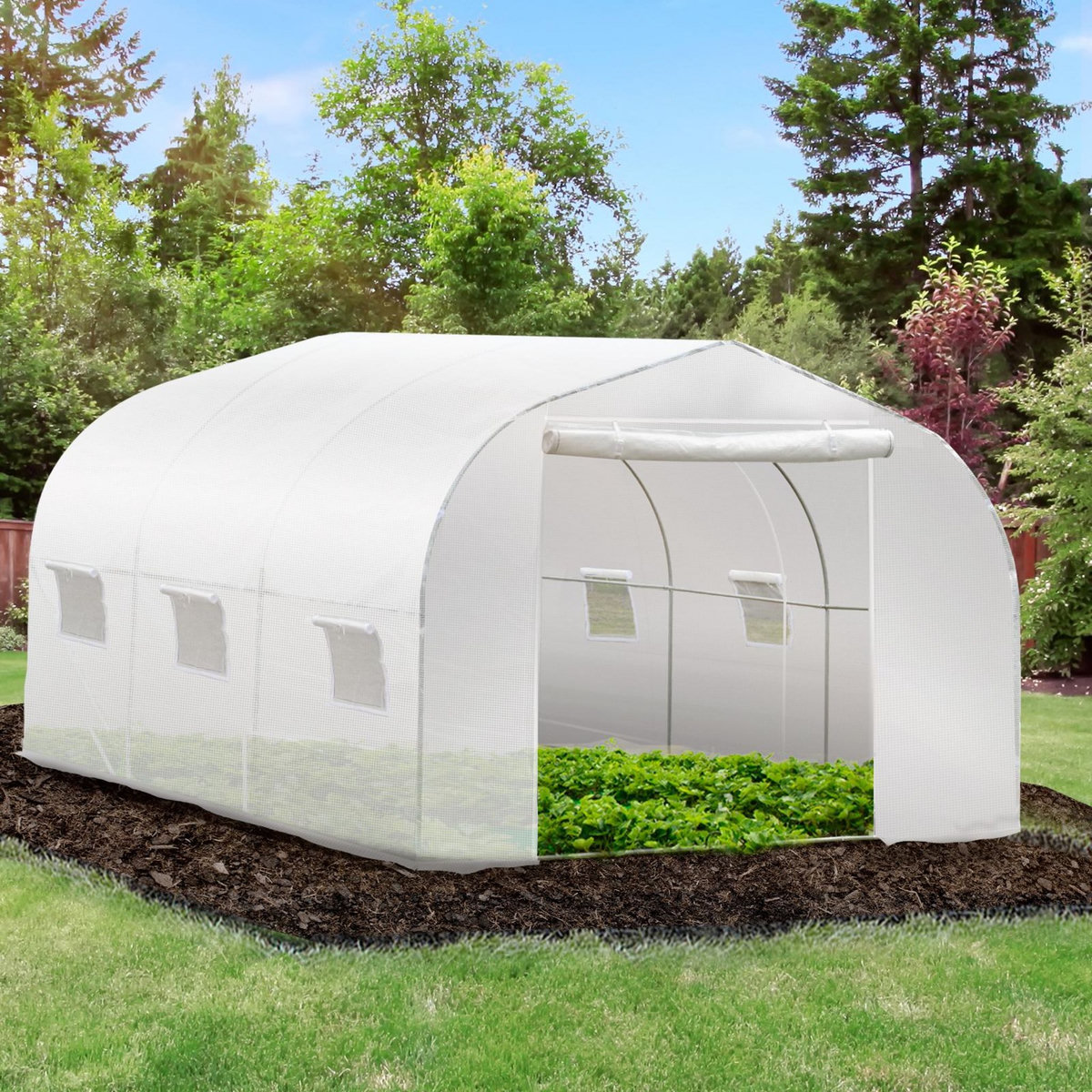 OUTSUNNY Serre tunnel de jardin dim. 3,5L x 3l x 2H m porte + 6 fenêtres enroulables acier galvanisé bâche PE haute densité blanc
